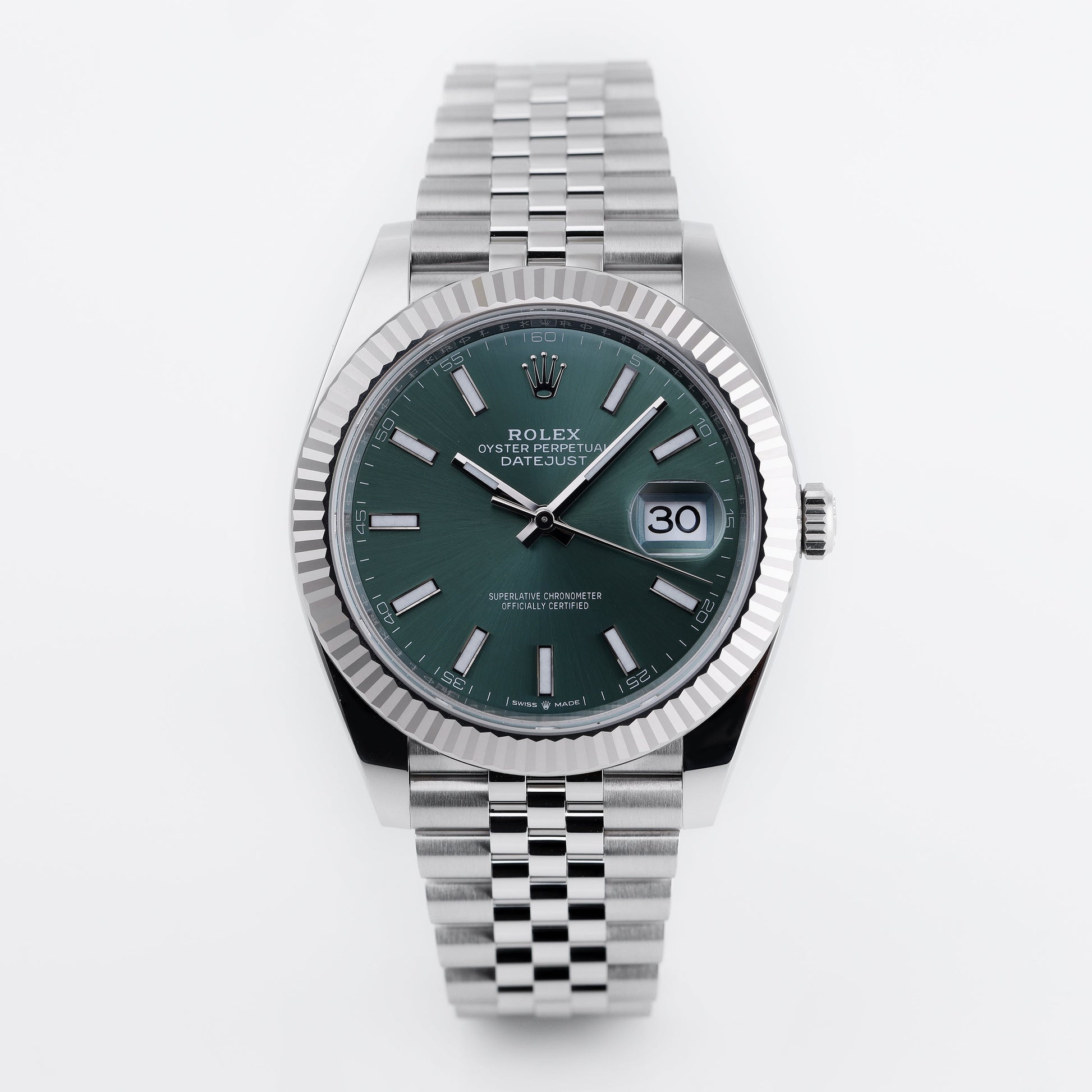 Unworn Rolex DateJust 41 | REF. 126334 | Green Dial | 2022 | Box & Papers | Stainless Steel & 18k White Gold Bezel