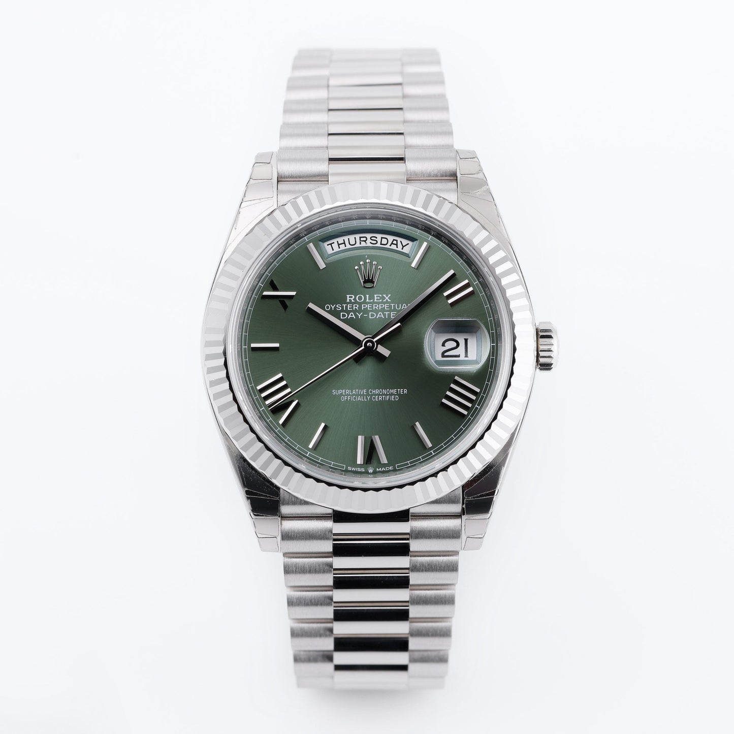 Unworn Rolex Day-Date 40 | REF. 228239 | Olive Green Dial | 18k White Gold | Box & Papers