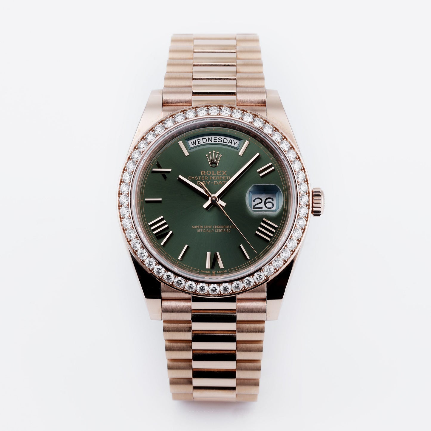 Unworn Rolex Day-Date 40 | REF. 228345RBR | 18k Rose Gold | Green Roman Dial | Diamond Bezel | Box & Papers | 2019