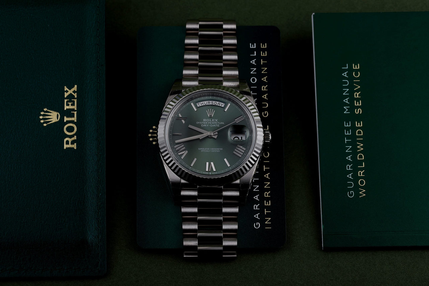 Unworn Rolex Day-Date 40 | REF. 228239 | Olive Green Dial | 18k White Gold | Box & Papers