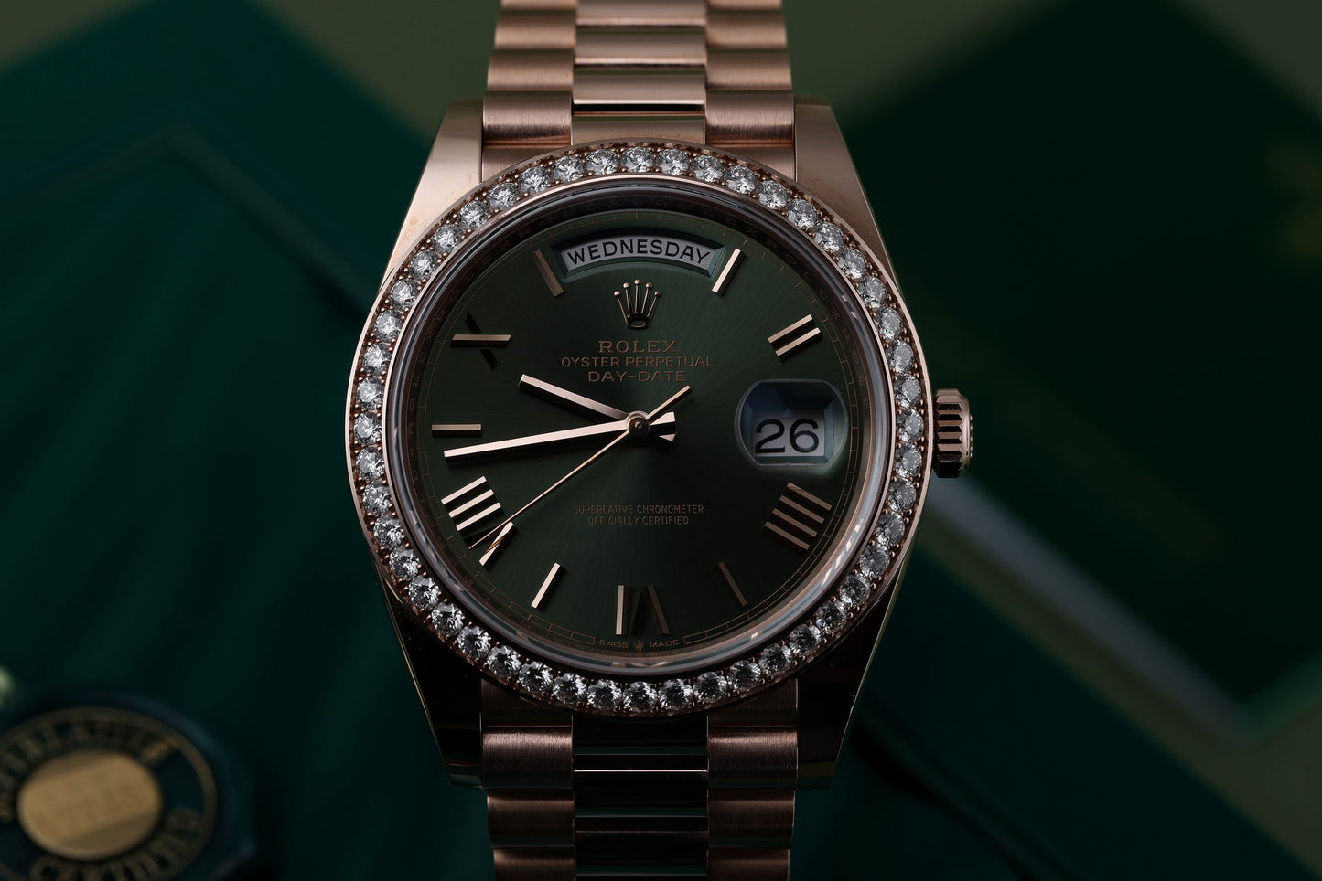 Unworn Rolex Day-Date 40 | REF. 228345RBR | 18k Rose Gold | Green Roman Dial | Diamond Bezel | Box & Papers | 2019