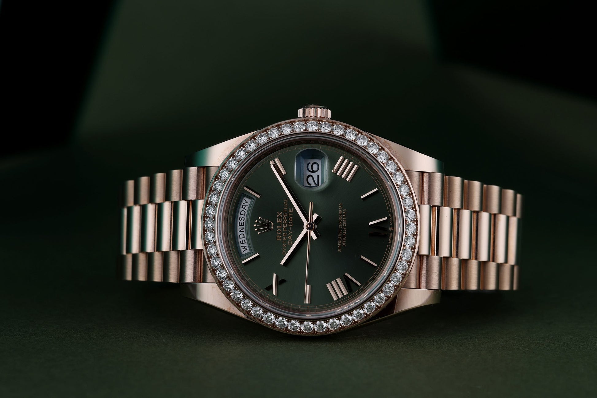 Unworn Rolex Day-Date 40 | REF. 228345RBR | 18k Rose Gold | Green Roman Dial | Diamond Bezel | Box & Papers | 2019