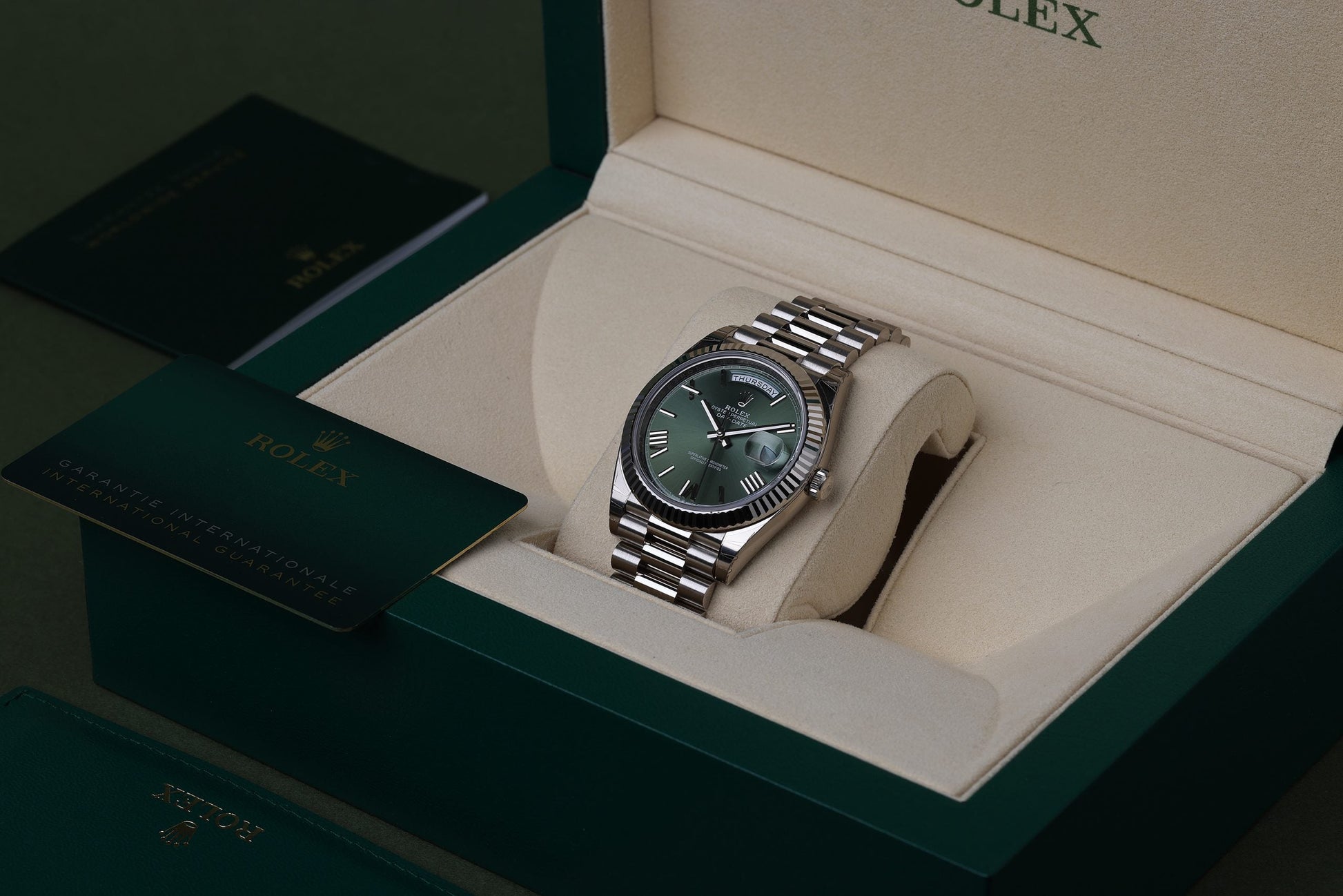 Unworn Rolex Day-Date 40 | REF. 228239 | Olive Green Dial | 18k White Gold | Box & Papers