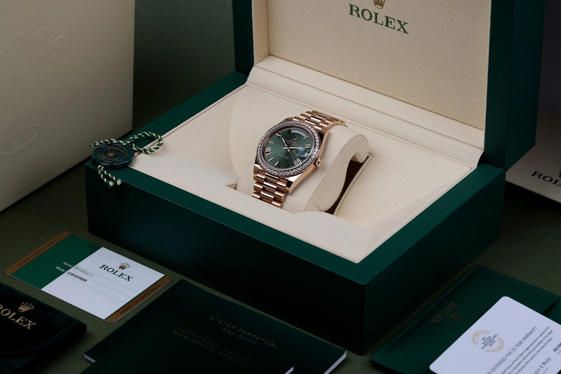 Unworn Rolex Day-Date 40 | REF. 228345RBR | 18k Rose Gold | Green Roman Dial | Diamond Bezel | Box & Papers | 2019