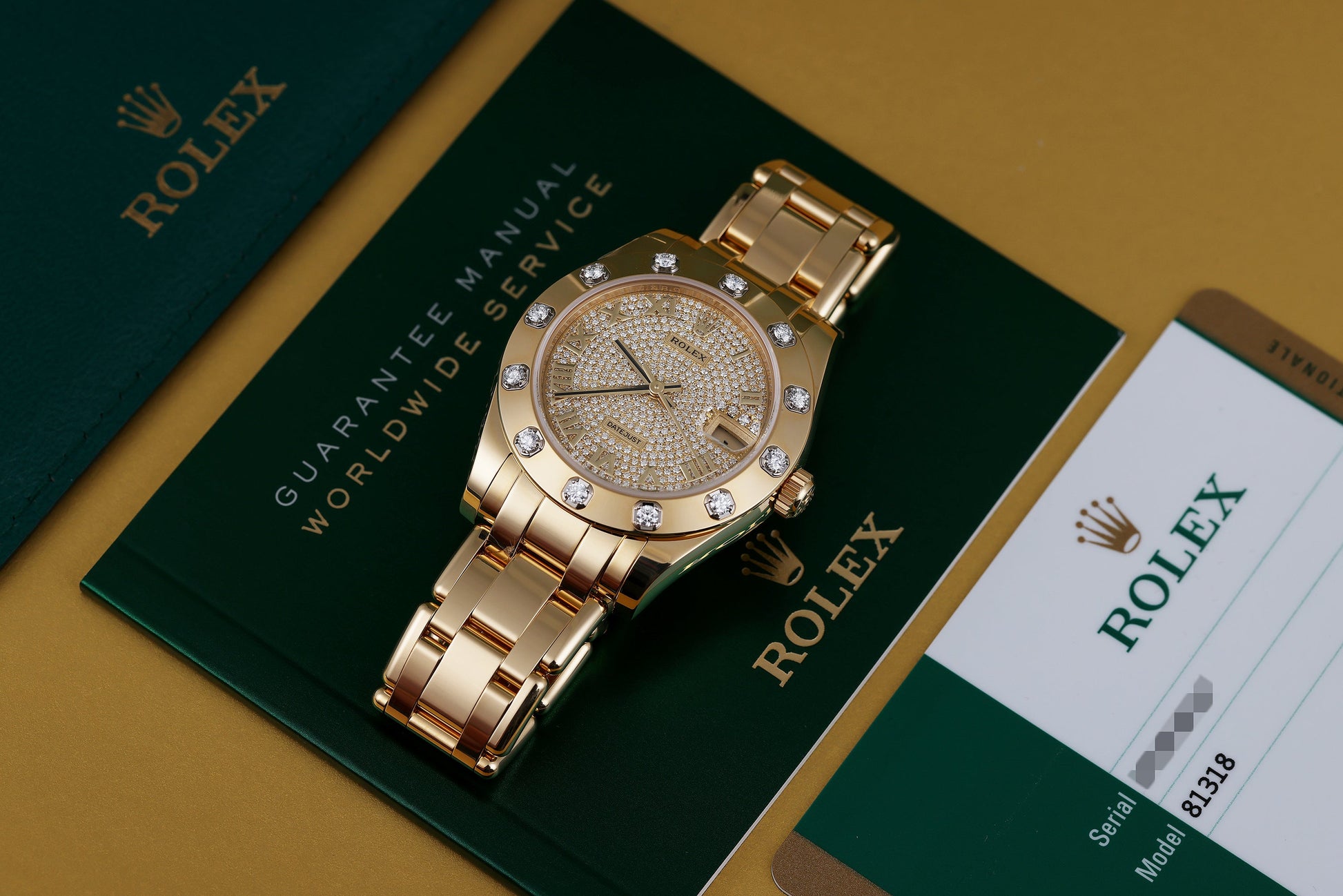 Unworn Rolex Pearlmaster 34mm | Midsize DateJust | REF. 81318 | Box & Papers | Pave Diamond Dial, 12 Point Diamond Bezel | 18k Yellow Gold