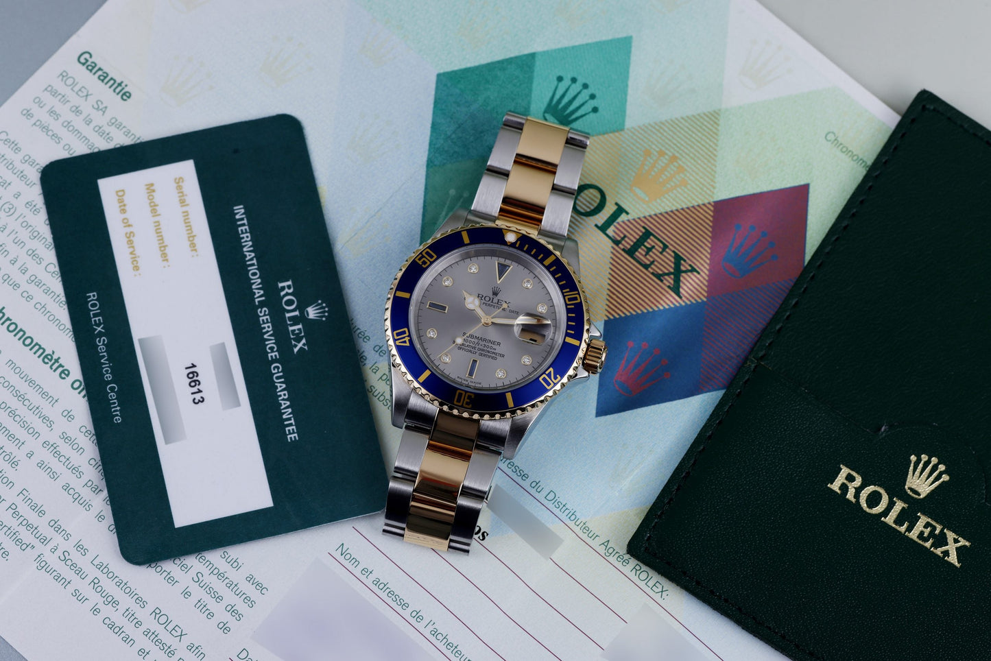 Rolex Submariner | Silver Serti Dial | REF. 16613 | Stainless Steel & 18k Yellow Gold | Box & Papers | Rolex Service 2020