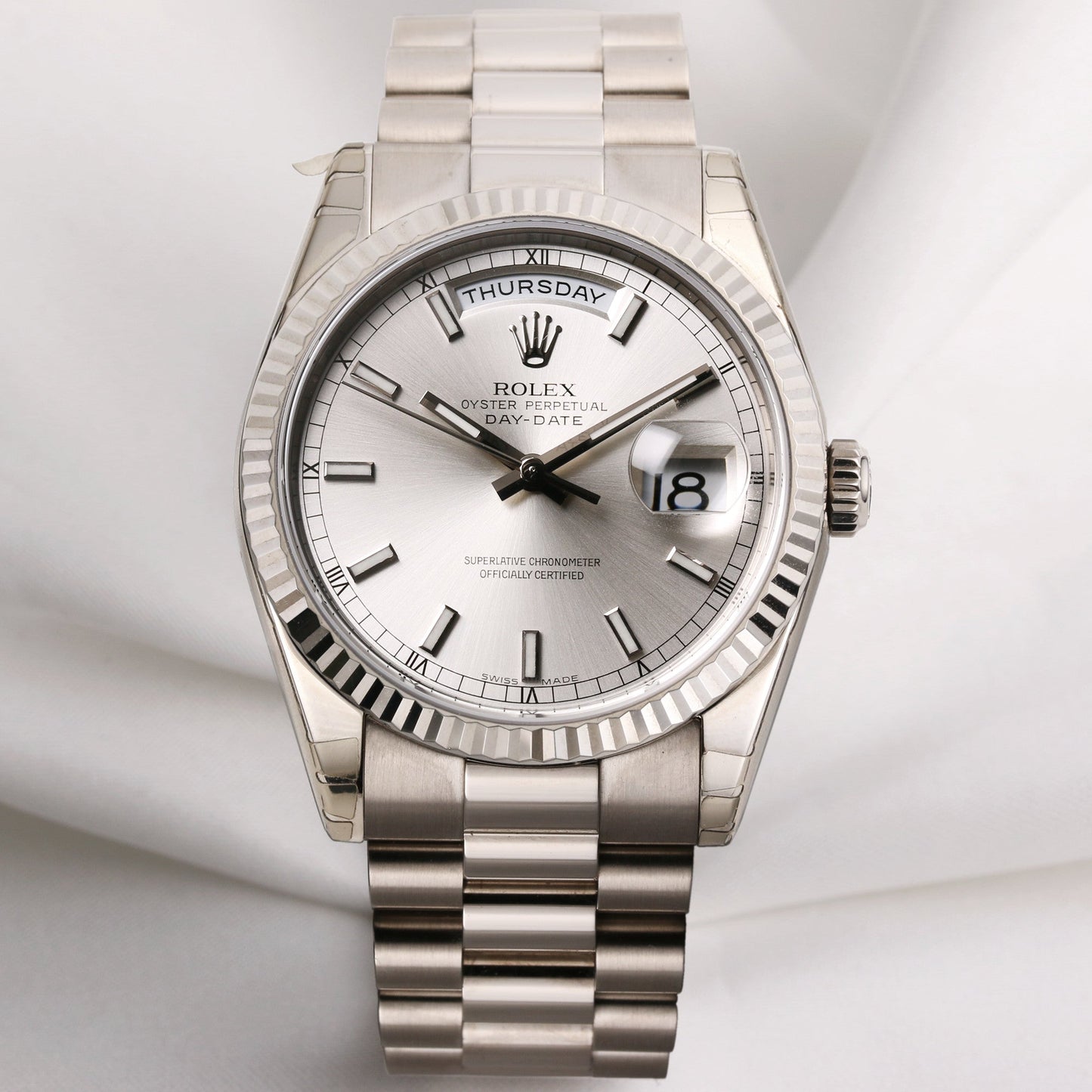 Unworn Full-Set Rolex Day-Date 118239 18K White Gold Silver Dial