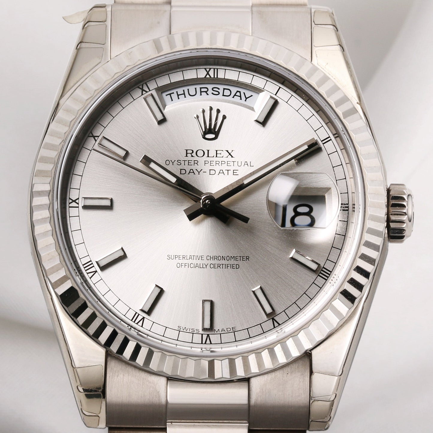 Unworn Full-Set Rolex Day-Date 118239 18K White Gold Silver Dial