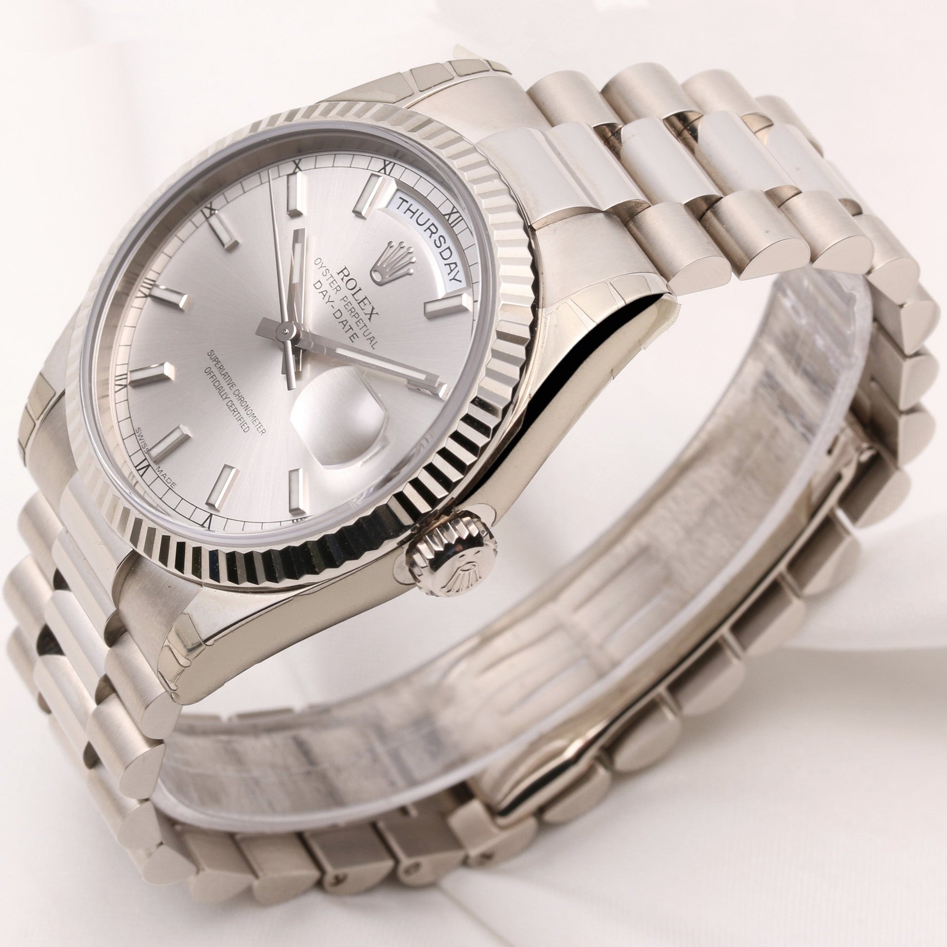 Unworn Full-Set Rolex Day-Date 118239 18K White Gold Silver Dial