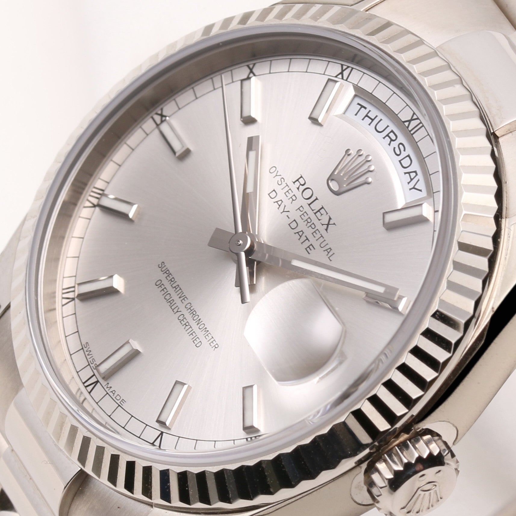 Unworn Full-Set Rolex Day-Date 118239 18K White Gold Silver Dial