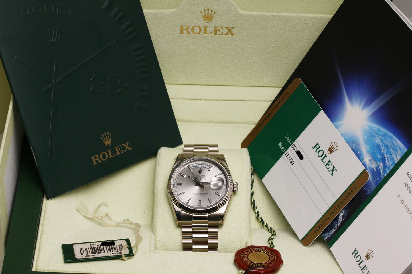 Unworn Full-Set Rolex Day-Date 118239 18K White Gold Silver Dial