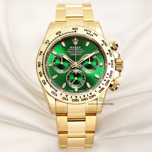 Unworn Full Set Rolex Daytona Green Dial 116508 18k Yellow Gold