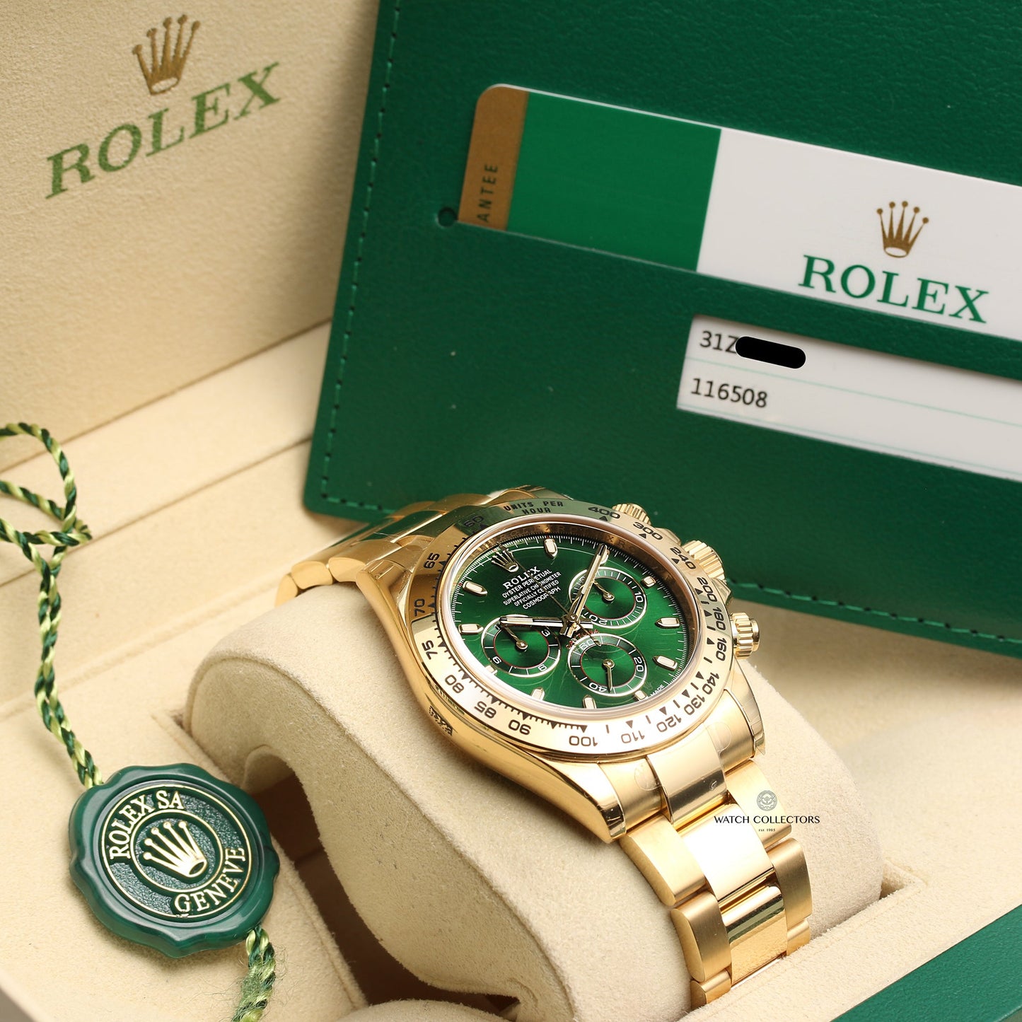 Unworn Full Set Rolex Daytona Green Dial 116508 18k Yellow Gold