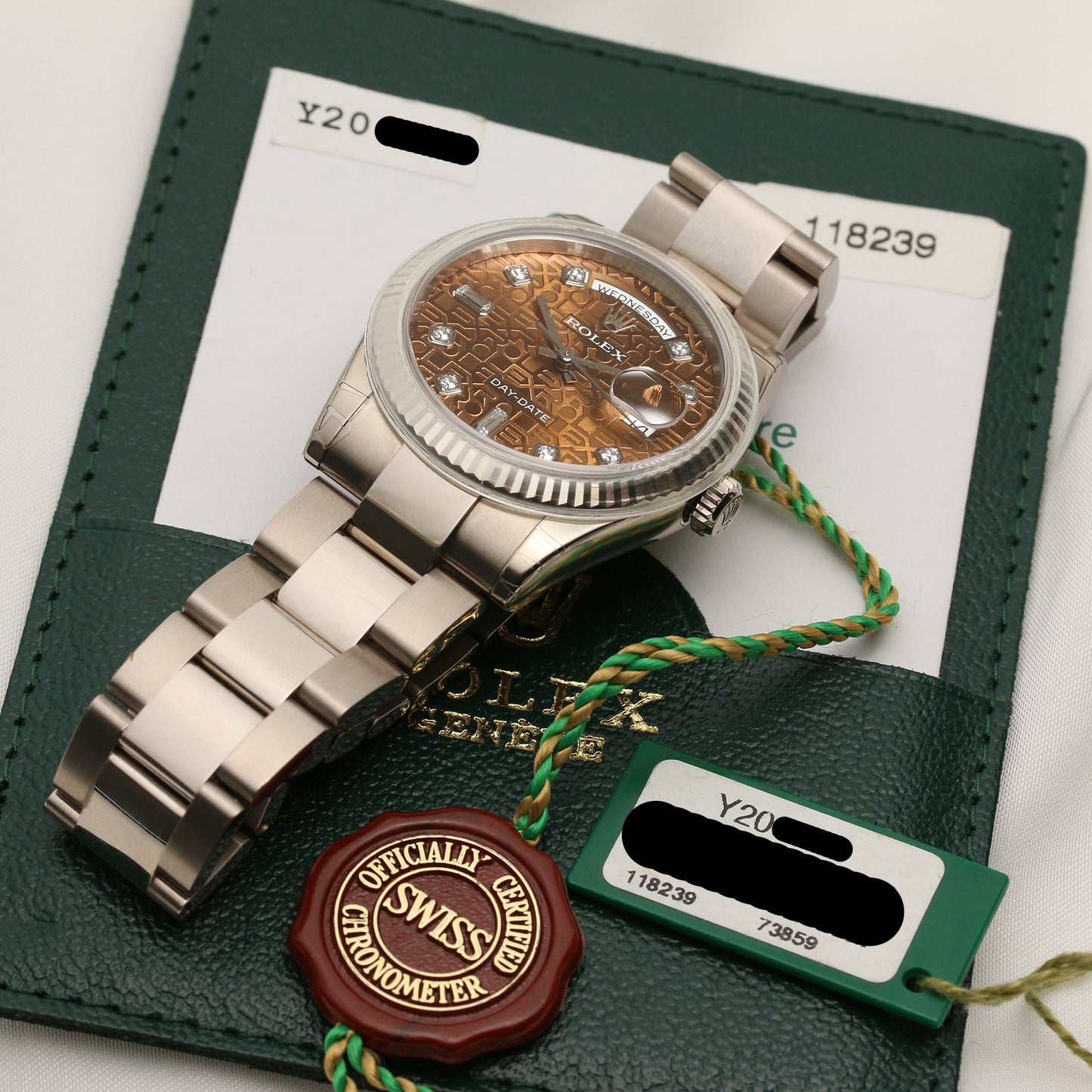 Unworn Factory Full-Set Rolex Day-Date 118239 18K White Gold Brown Jubilee Diamond Dial