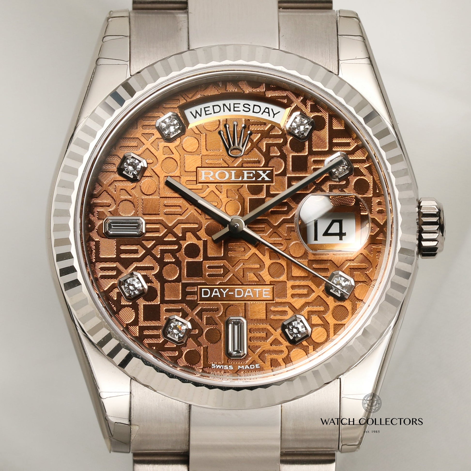 Unworn Factory Full-Set Rolex Day-Date 118239 18K White Gold Brown Jubilee Diamond Dial