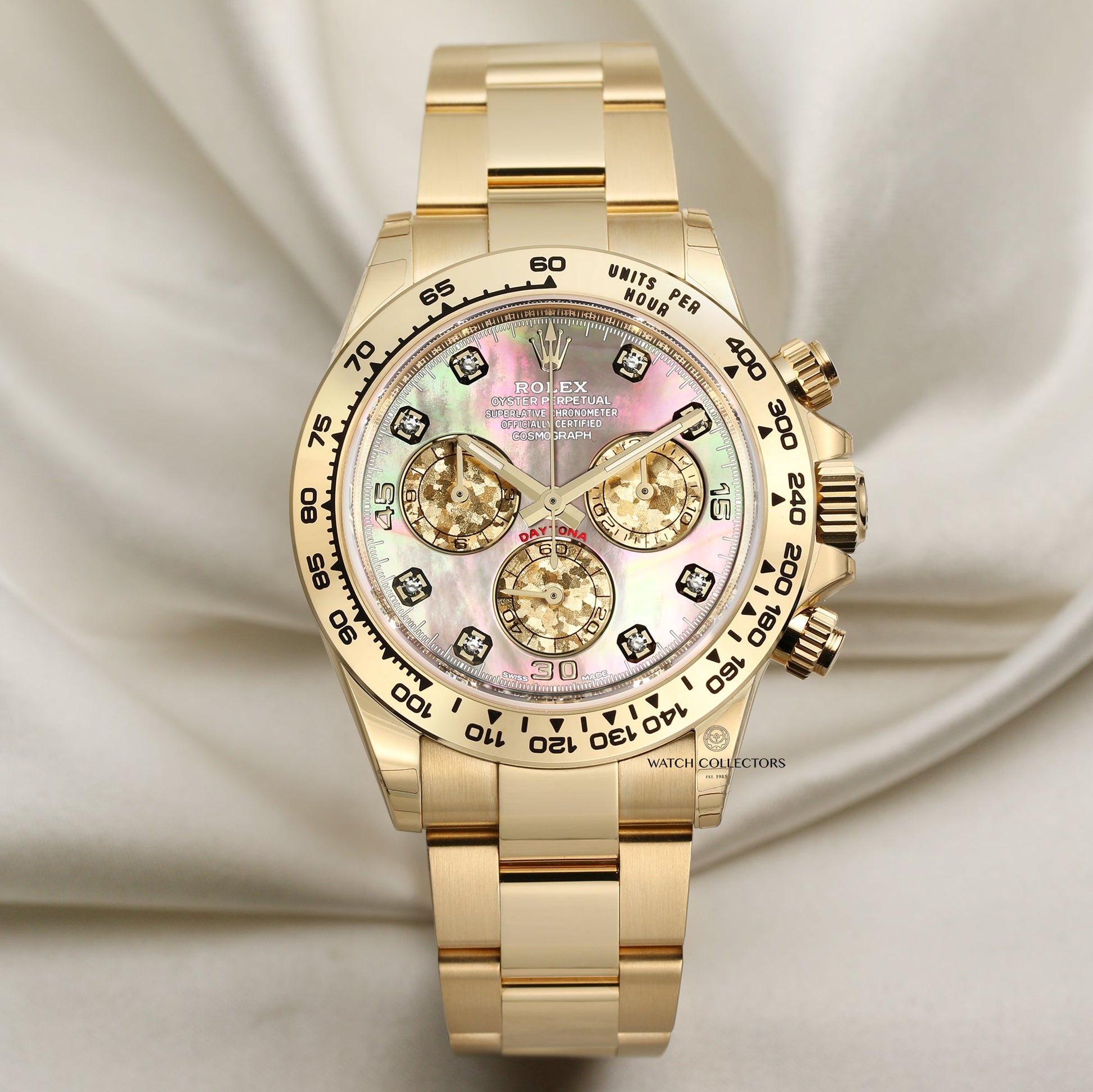 Unworn 2020 Rolex Daytona 116508 18k Yellow Gold Black Mother of Pearl Diamond dial