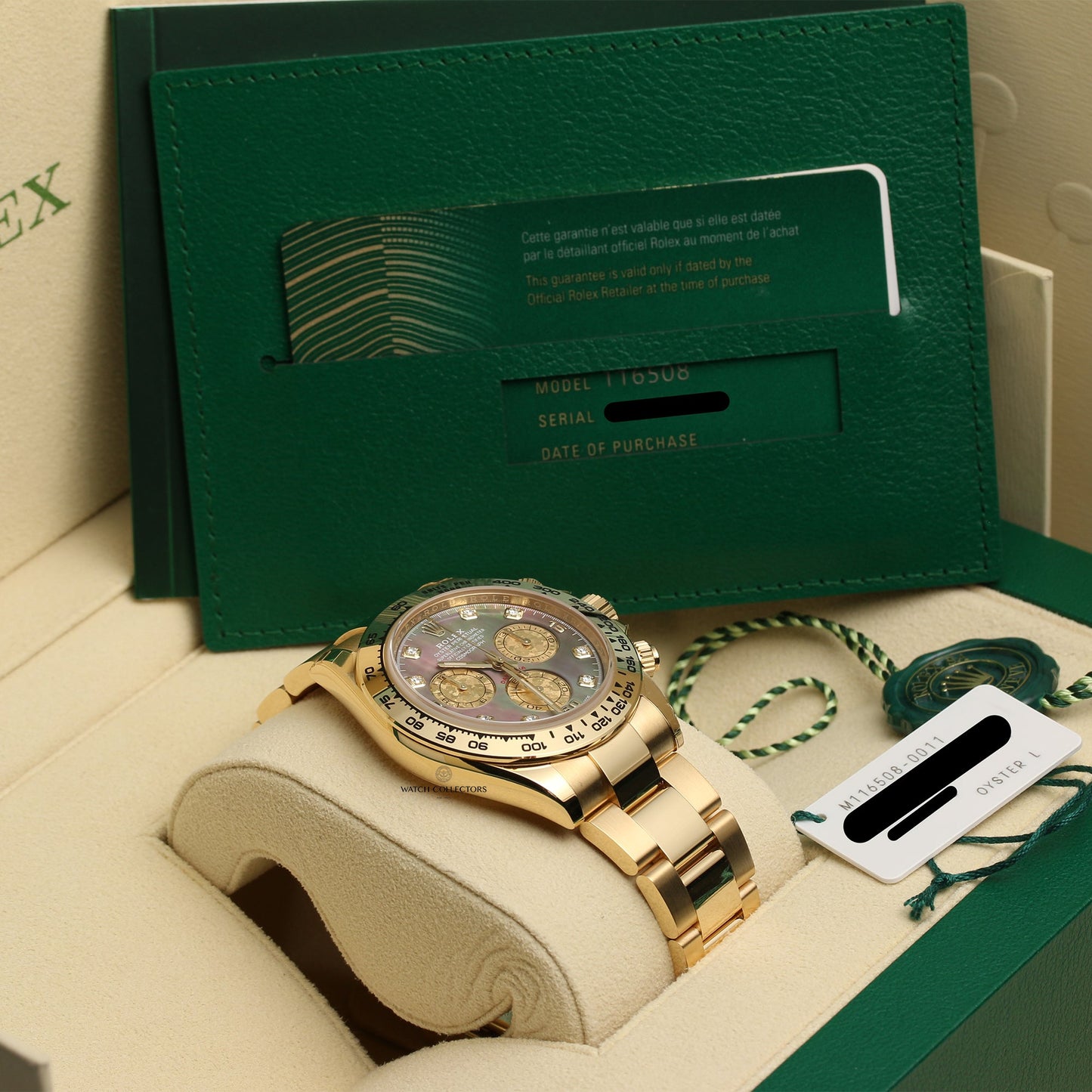 Unworn 2020 Rolex Daytona 116508 18k Yellow Gold Black Mother of Pearl Diamond dial