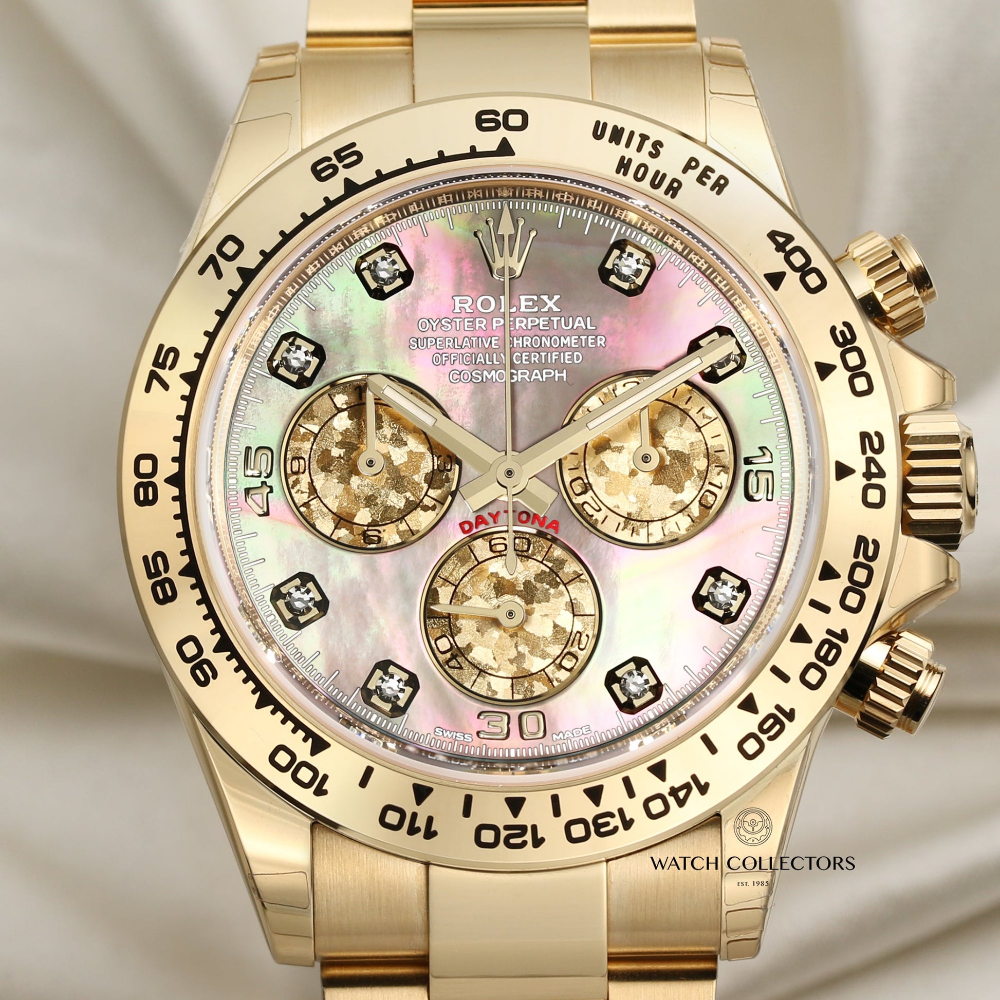 Unworn 2020 Rolex Daytona 116508 18k Yellow Gold Black Mother of Pearl Diamond dial