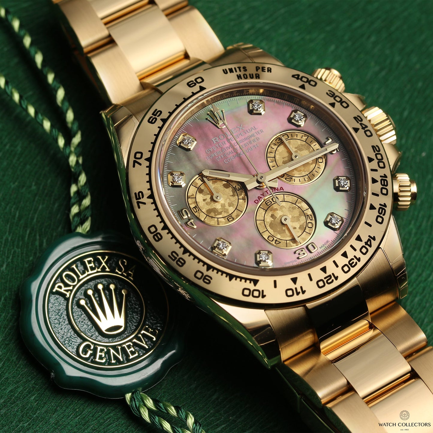 Unworn 2020 Rolex Daytona 116508 18k Yellow Gold Black Mother of Pearl Diamond dial