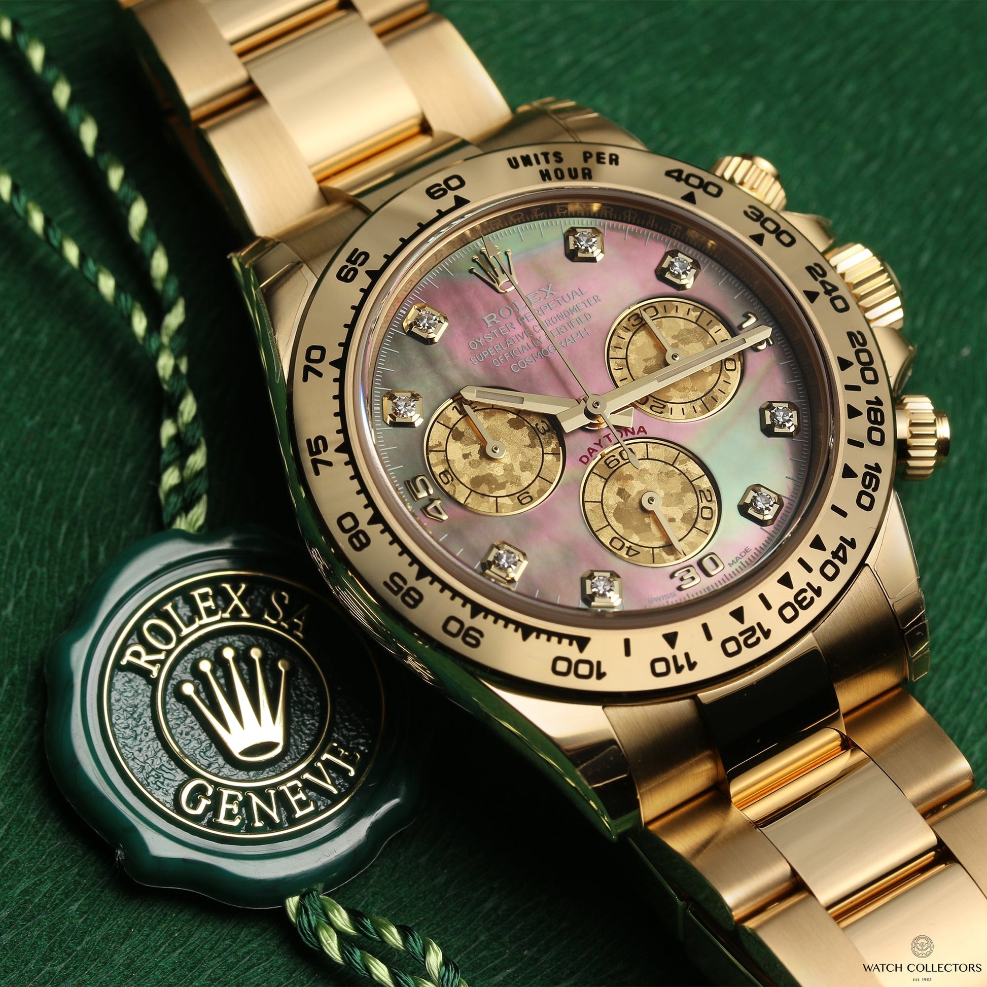 Unworn 2020 Rolex Daytona 116508 18k Yellow Gold Black Mother of Pearl Diamond dial