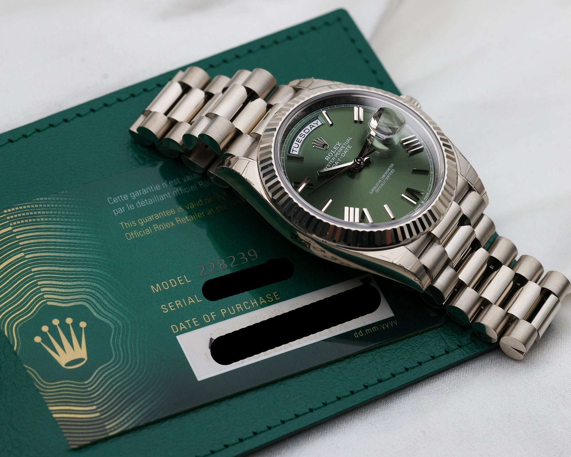 Unworn Rolex Day-Date 40 | Olive Green Dial | 18k White Gold | REF. 228239