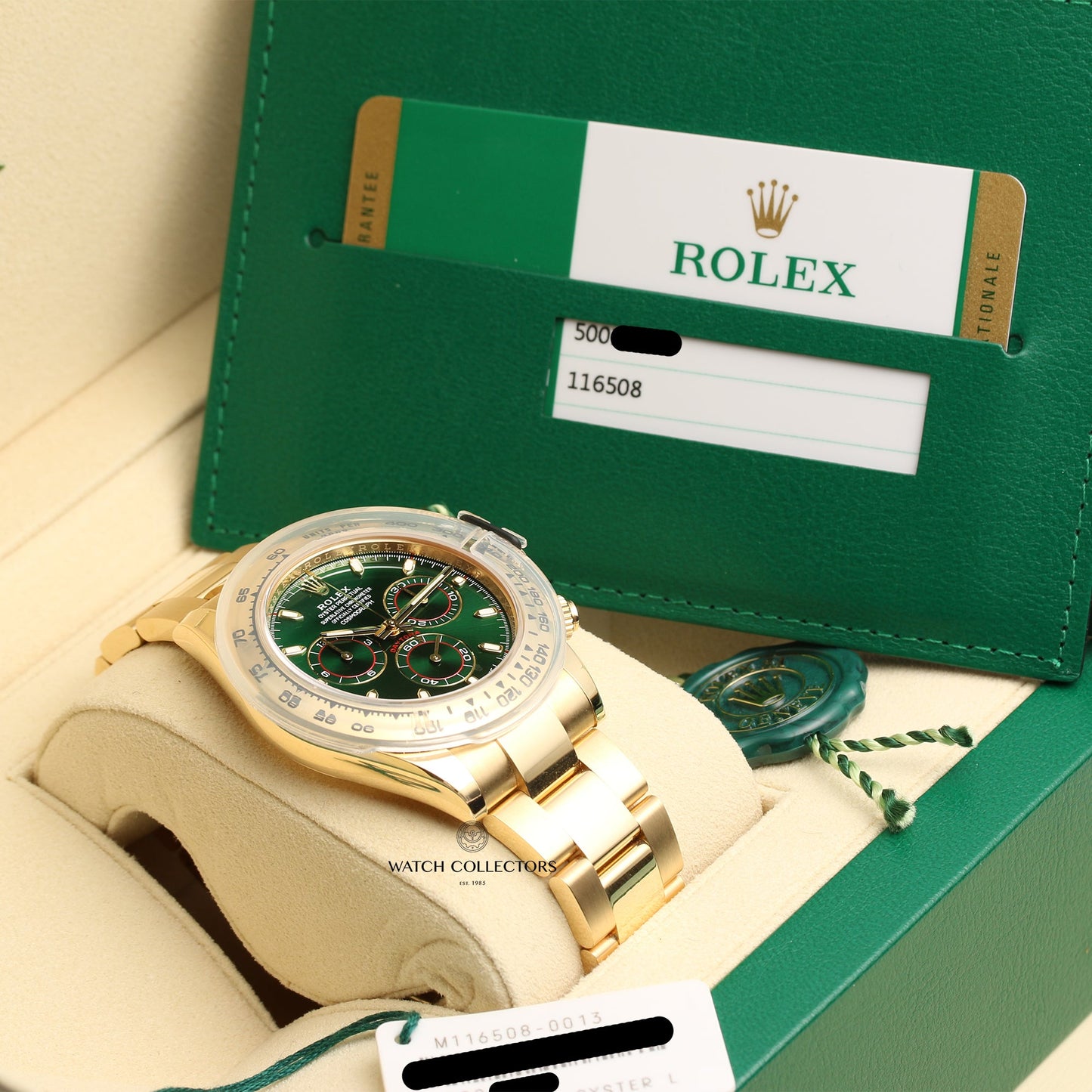 Unworn Full-Set Rolex Daytona 116508 Green Dial 18k Yellow Gold