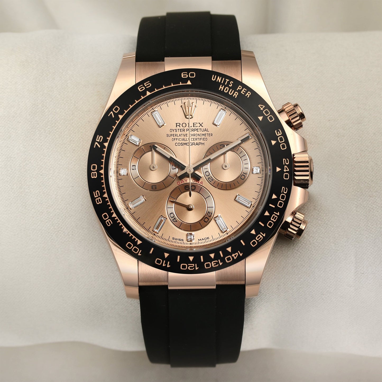 Unworn Rolex Daytona 116515LN Baguette Diamond Rosé Dial 18k Rose Gold