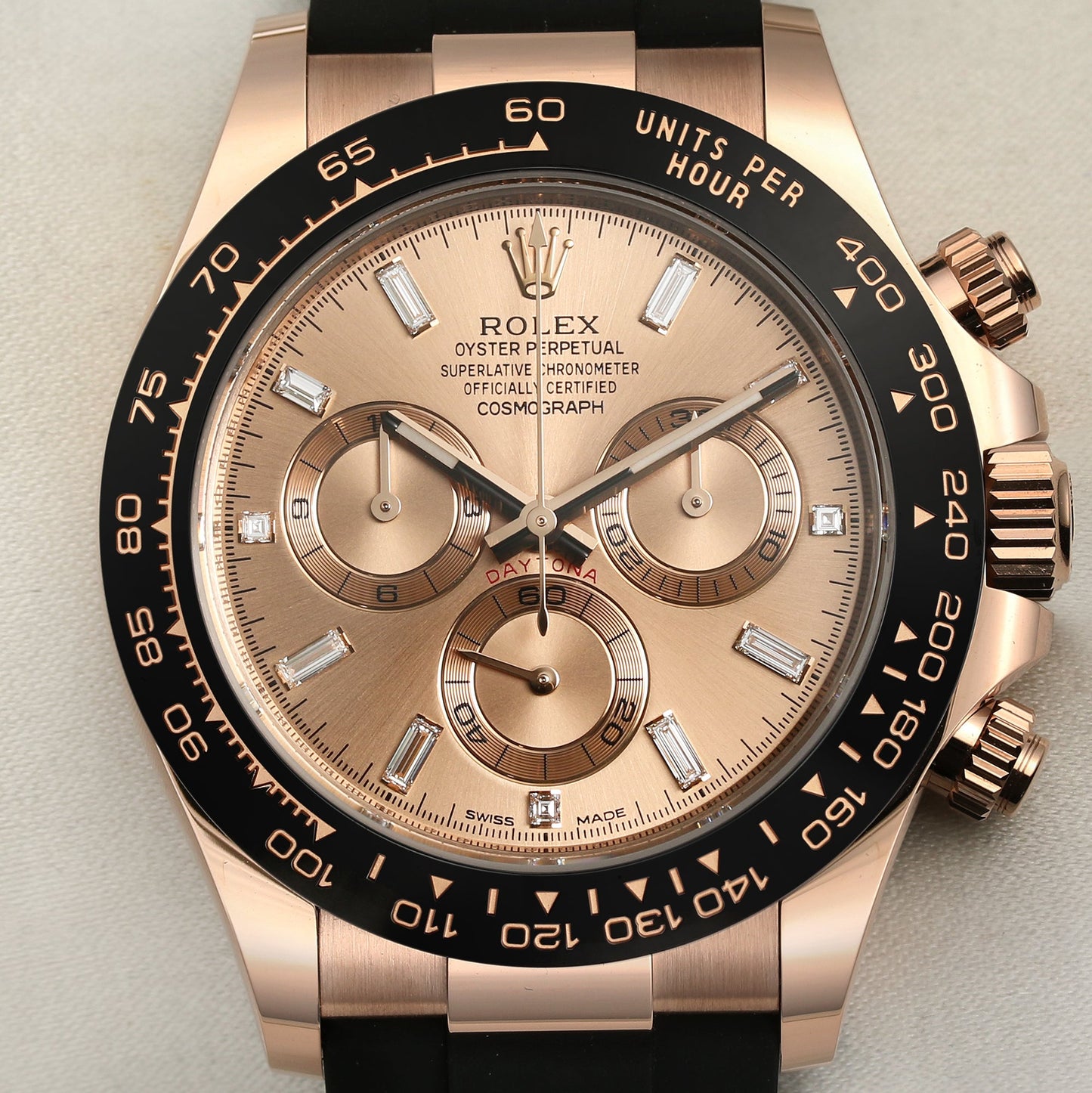 Unworn Rolex Daytona 116515LN Baguette Diamond Rosé Dial 18k Rose Gold