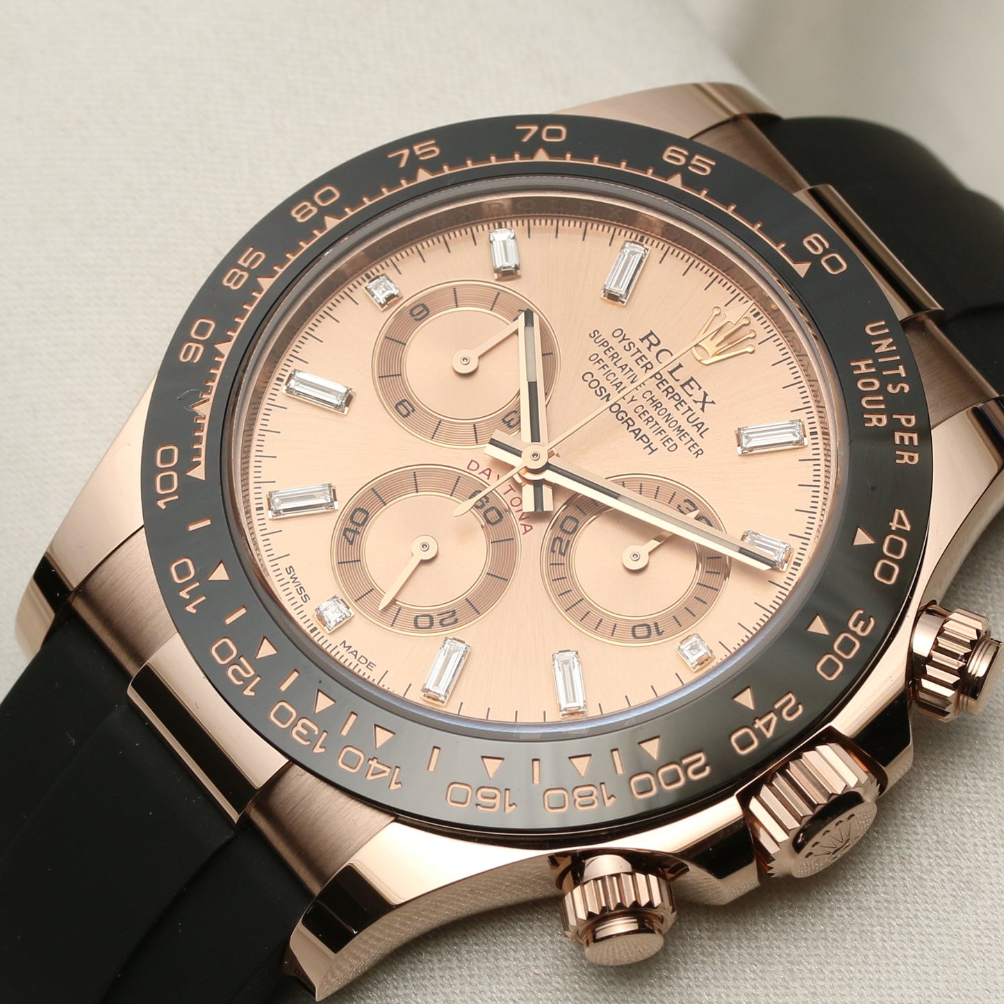 Unworn Rolex Daytona 116515LN Baguette Diamond Rosé Dial 18k Rose Gold