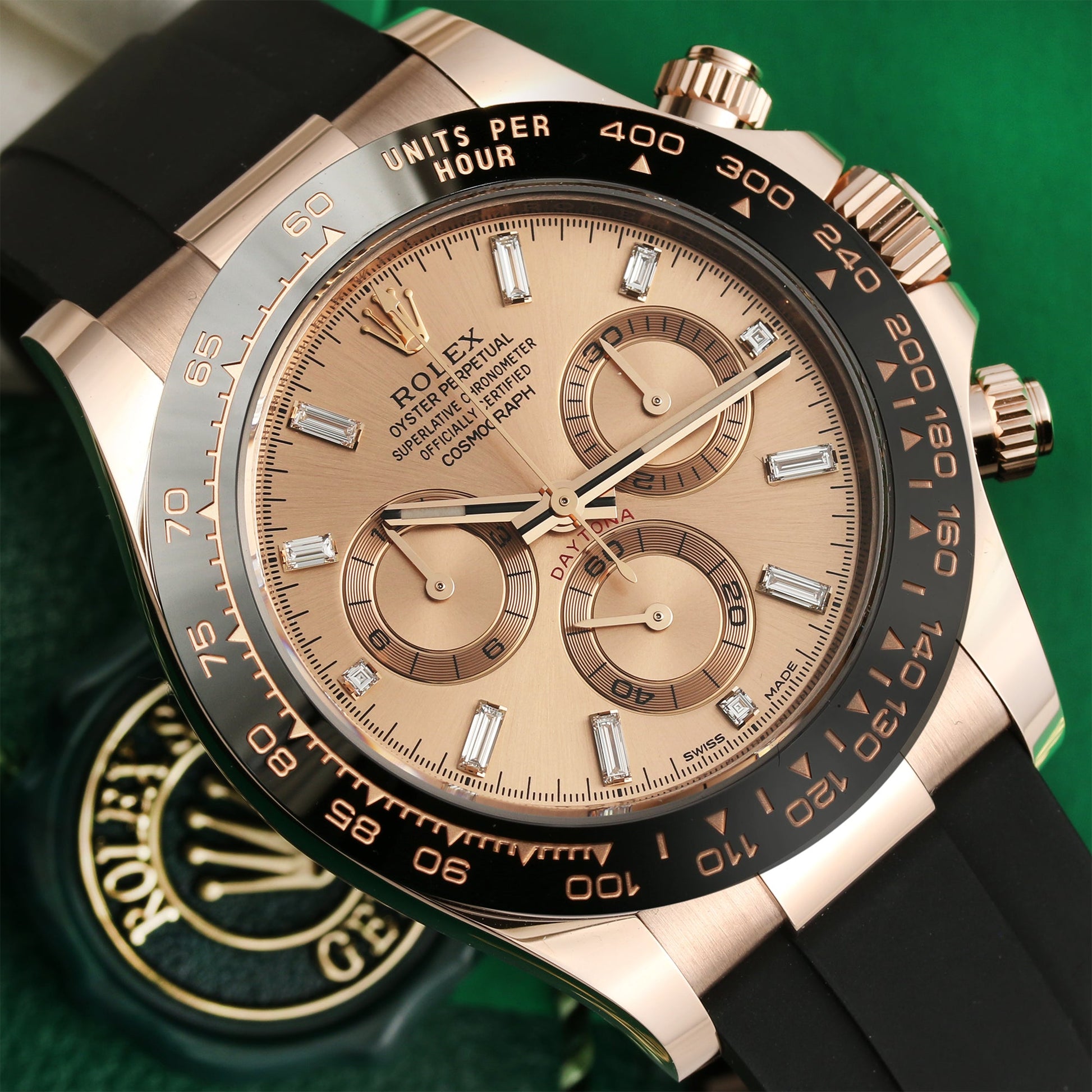 Unworn Rolex Daytona 116515LN Baguette Diamond Rosé Dial 18k Rose Gold