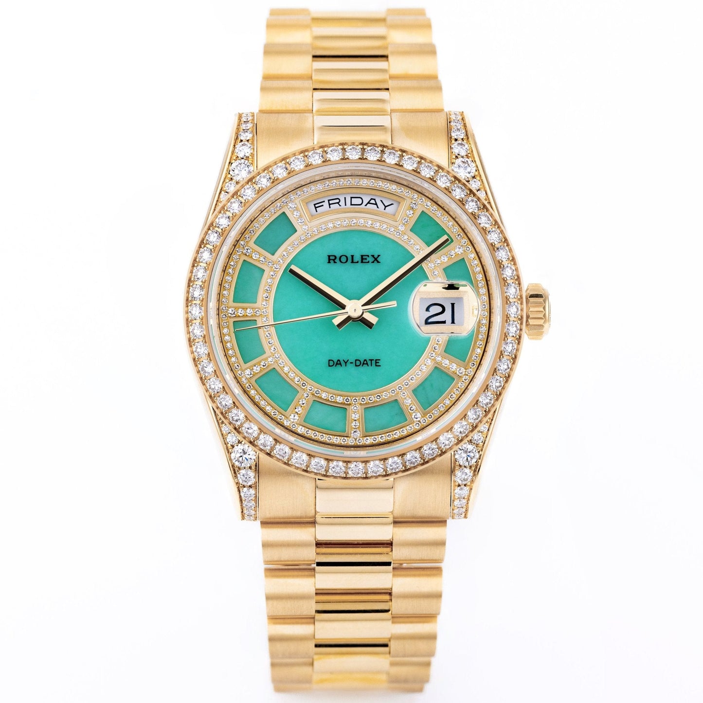 Unworn Rolex Day-Date | REF. 118388 | Carousel Green Jade Dial  | Diamond Dial, Bezel & Shoulders | 18k Yellow Gold