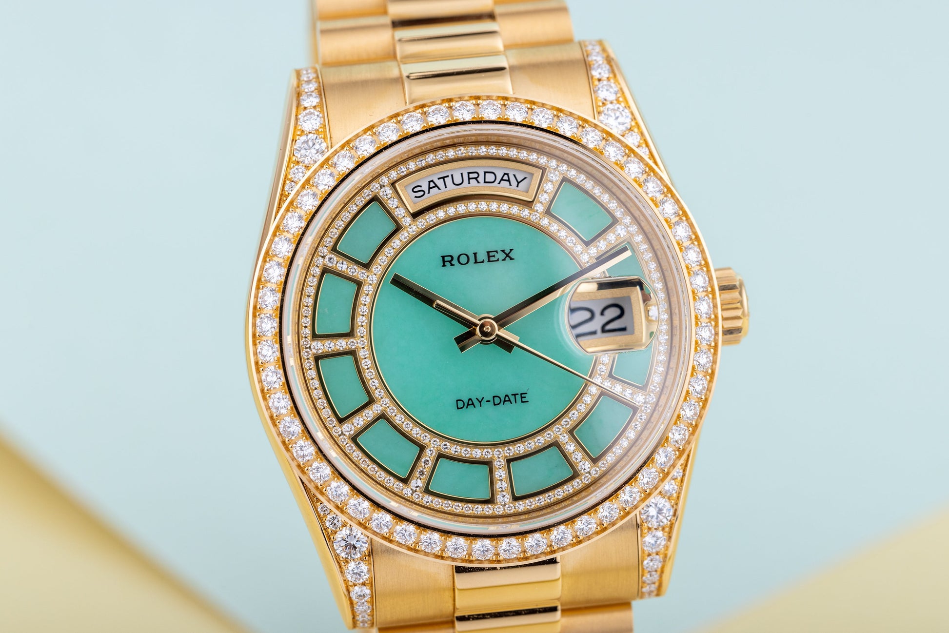 Unworn Rolex Day-Date | REF. 118388 | Carousel Green Jade Dial  | Diamond Dial, Bezel & Shoulders | 18k Yellow Gold