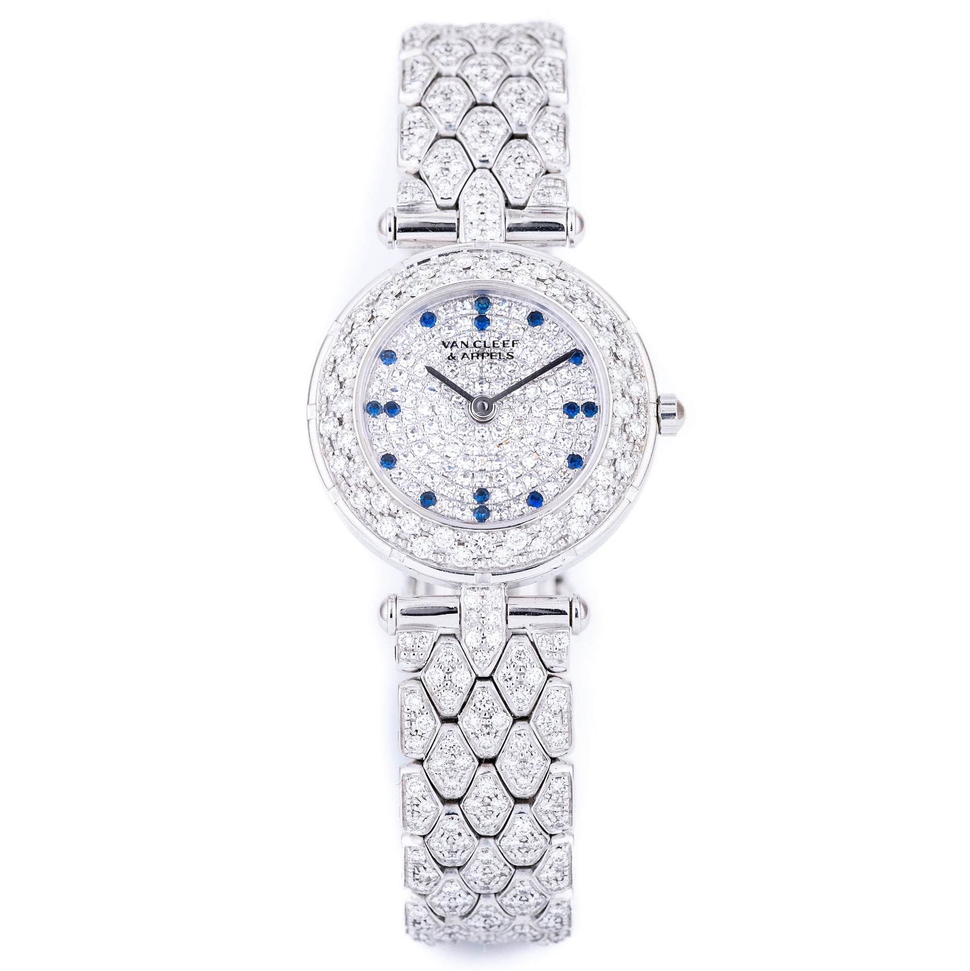 Unworn Van Cleef & Aprels Round Ladies Watch | 18k White Gold | Pave Diamond & Sapphire Dial | Pave Diamond Bracelet | Circa 2000's