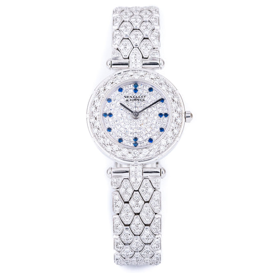 Unworn Van Cleef & Aprels Round Ladies Watch | 18k White Gold | Pave Diamond & Sapphire Dial | Pave Diamond Bracelet | Circa 2000's