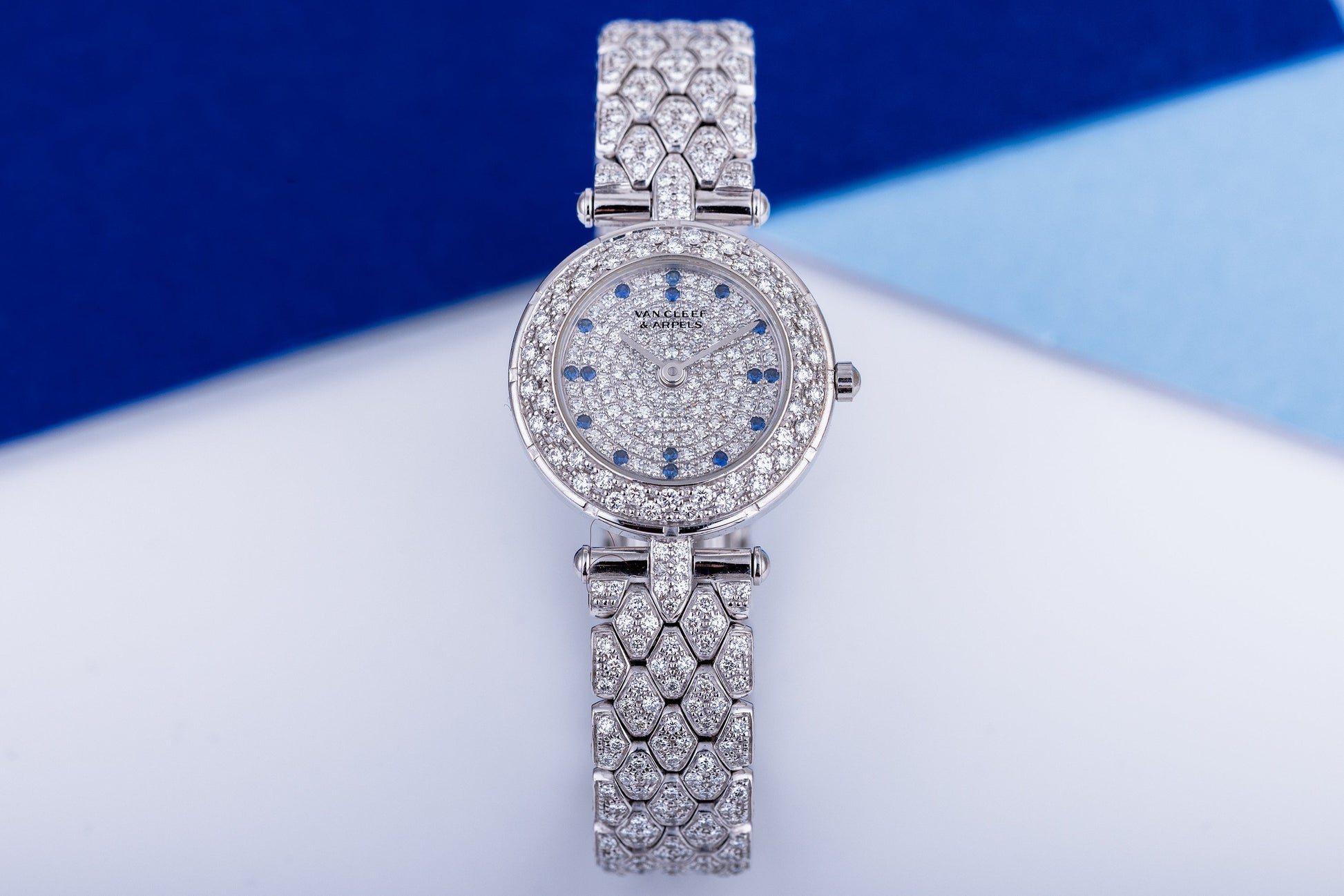 Unworn Van Cleef & Aprels Round Ladies Watch | 18k White Gold | Pave Diamond & Sapphire Dial | Pave Diamond Bracelet | Circa 2000's