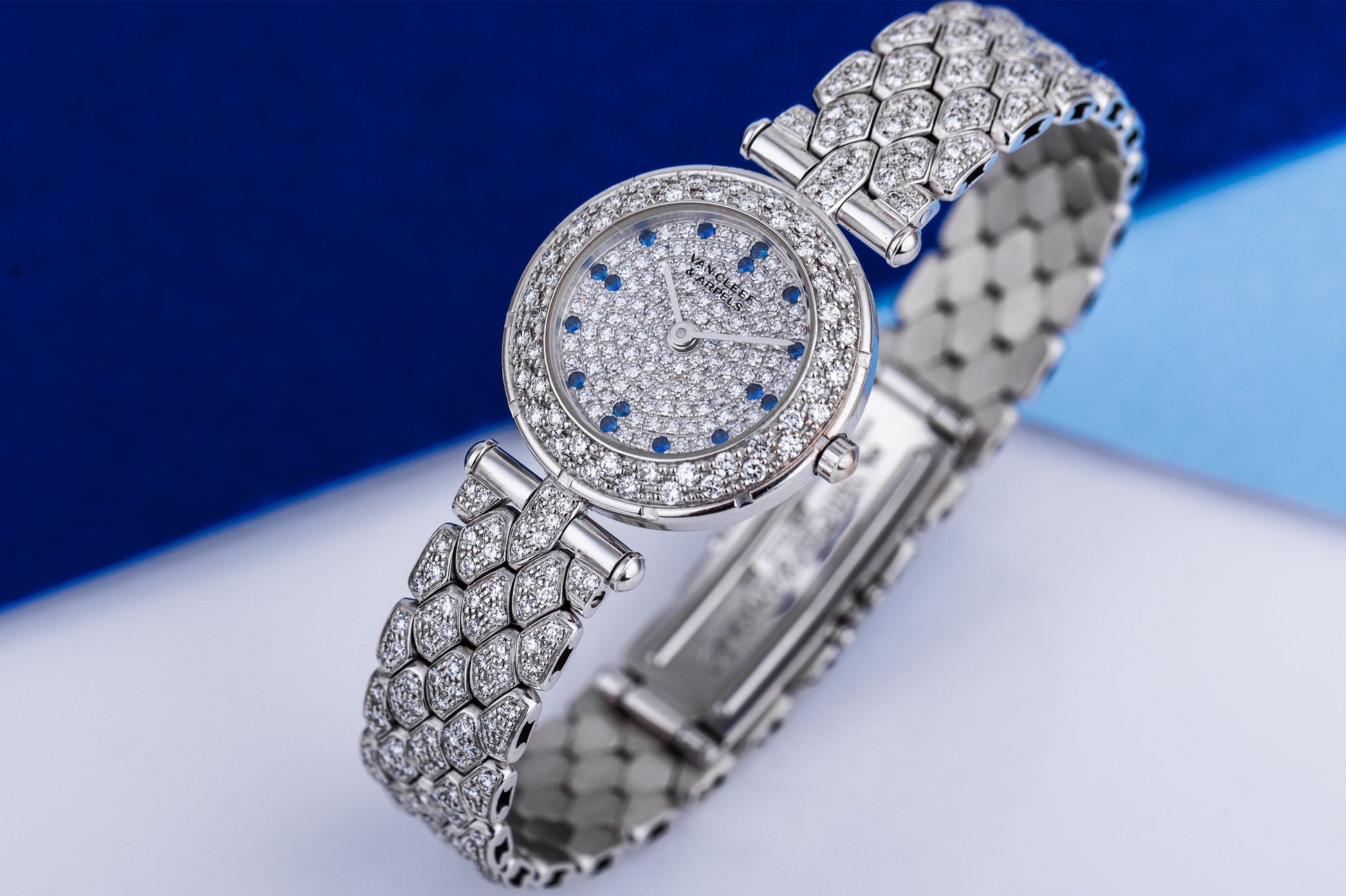 Unworn Van Cleef & Aprels Round Ladies Watch | 18k White Gold | Pave Diamond & Sapphire Dial | Pave Diamond Bracelet | Circa 2000's