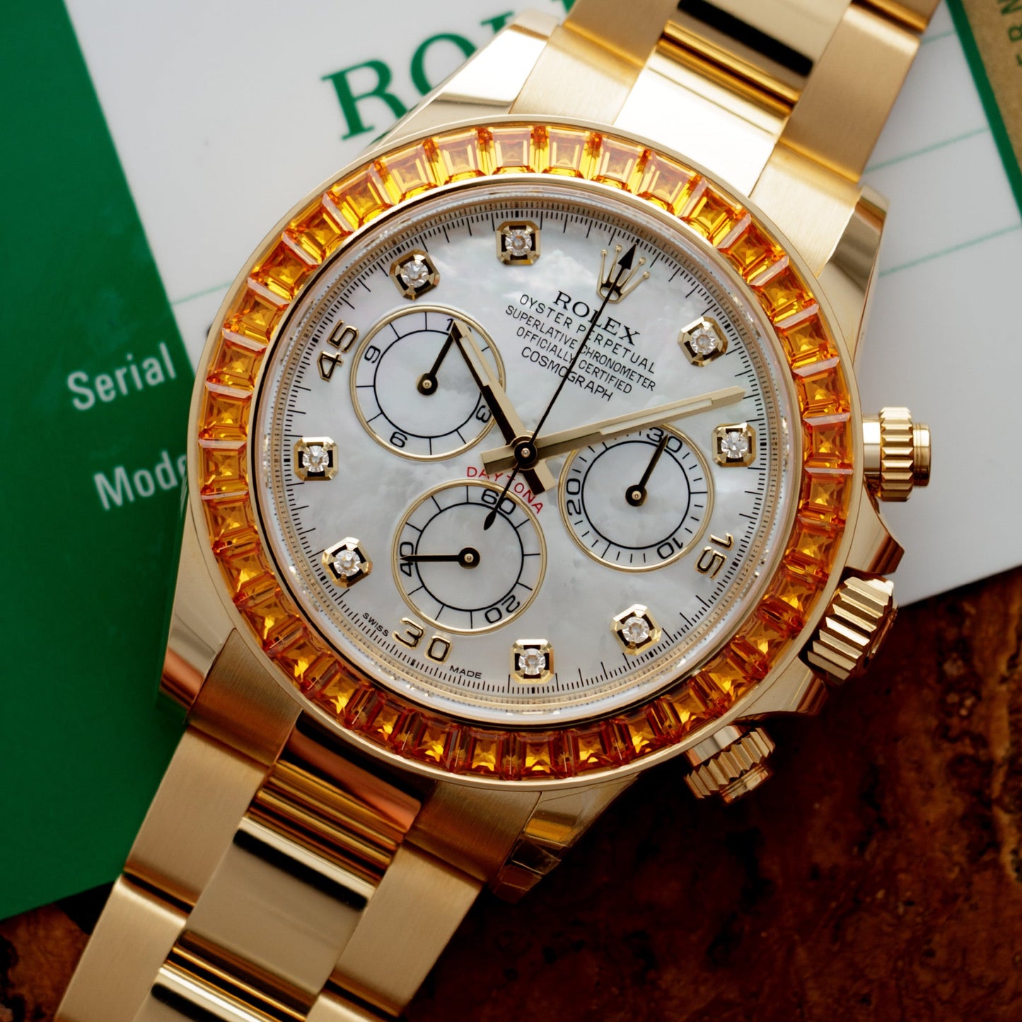 Rolex Yellow Gold Daytona Ref. 116578 with MOP Dial and Orange Sapphires