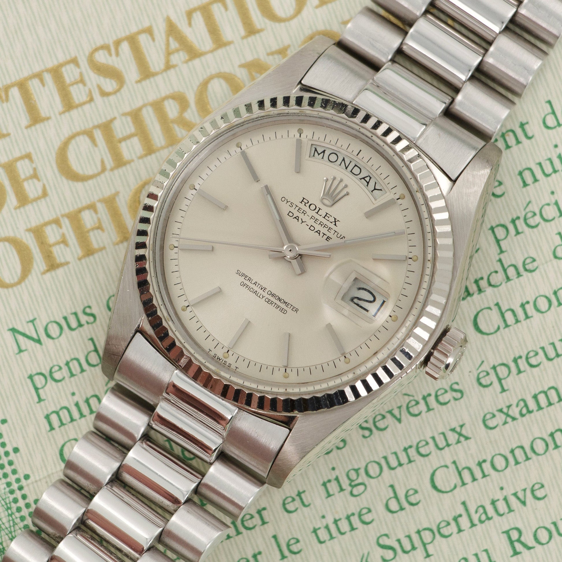 Rolex White Gold Day-Date Watch Ref. 1803 with Original Warranty Paper