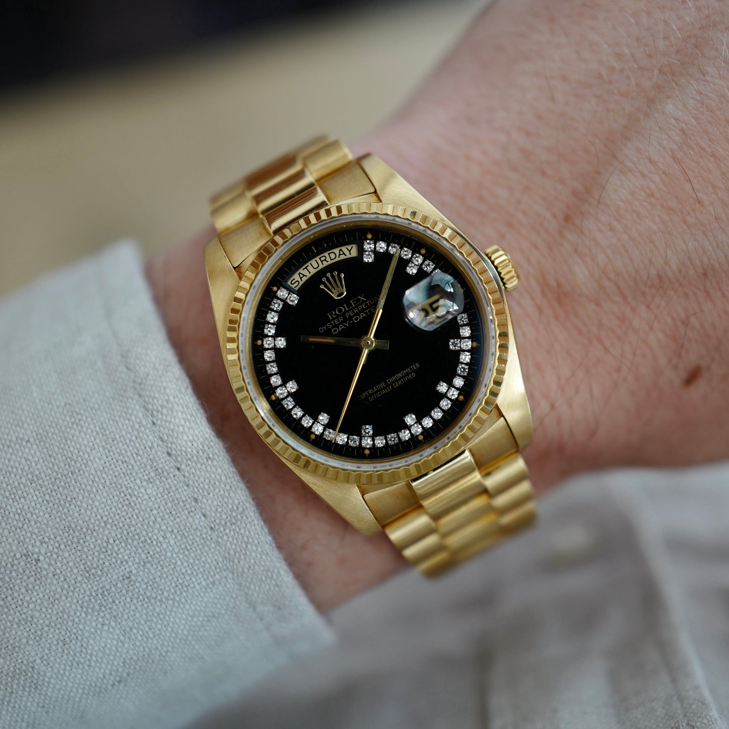 Rolex Yellow Gold Day-Date Ref. 18038 with Black, Diamond String Dial