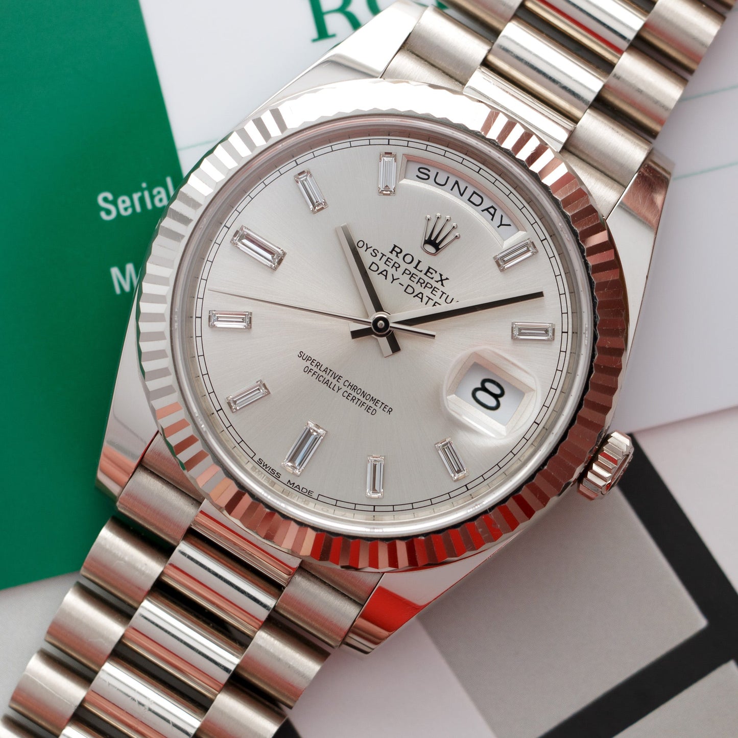 Rolex White Gold Day-Date Ref. 228239 with Factory Baguette Diamond Dial