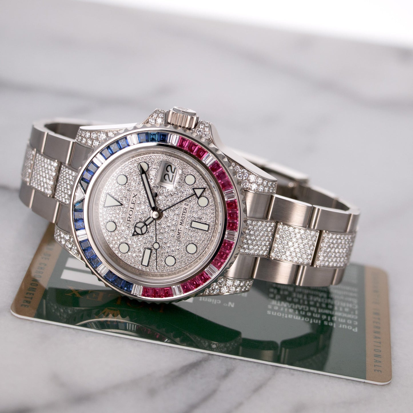 Rolex White Gold GMT-Master II Diamond Sapphire Ruby Watch Ref. 11675