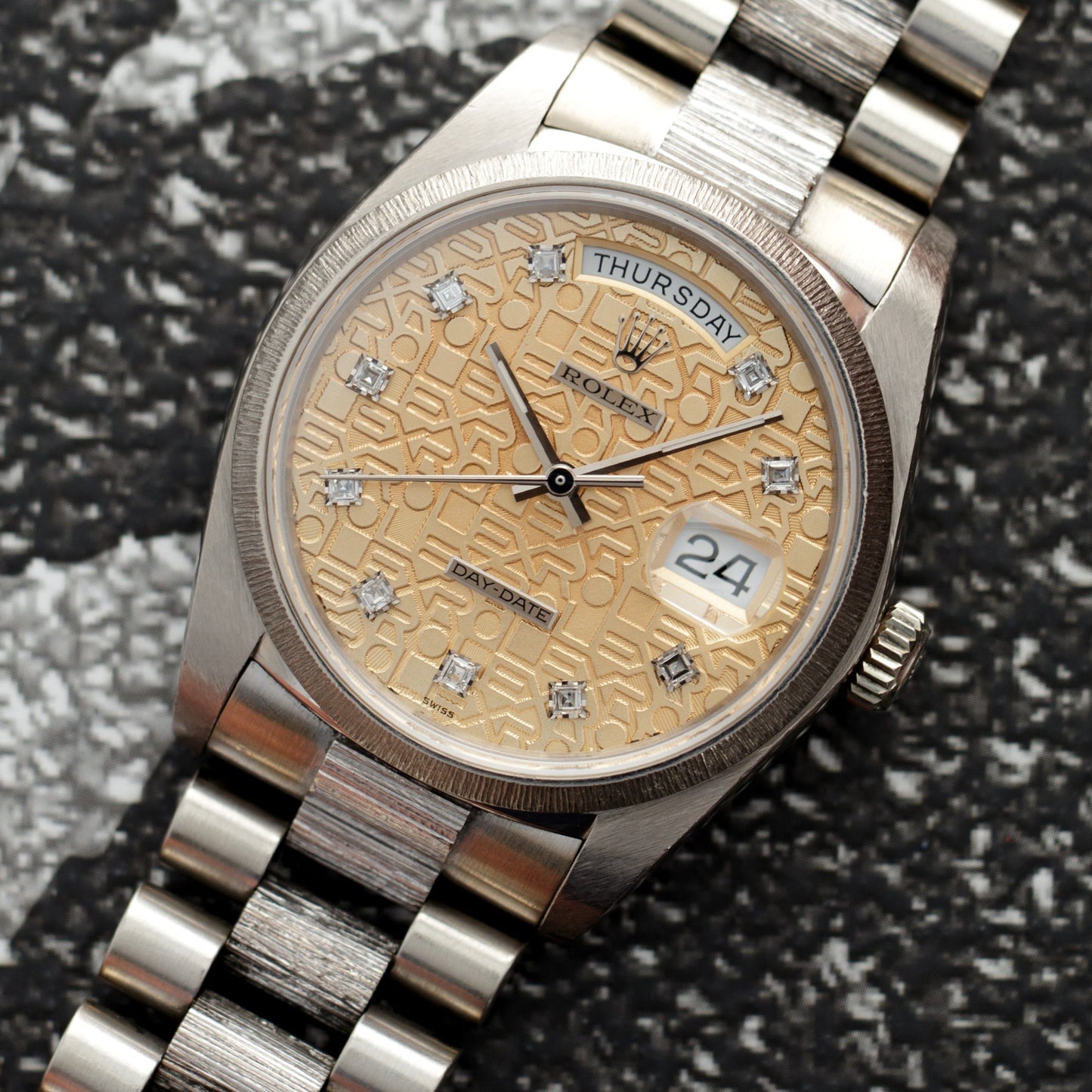 Rolex White Gold Day-Date Bark Watch Ref. 18079 with Salmon Jubilee Dial