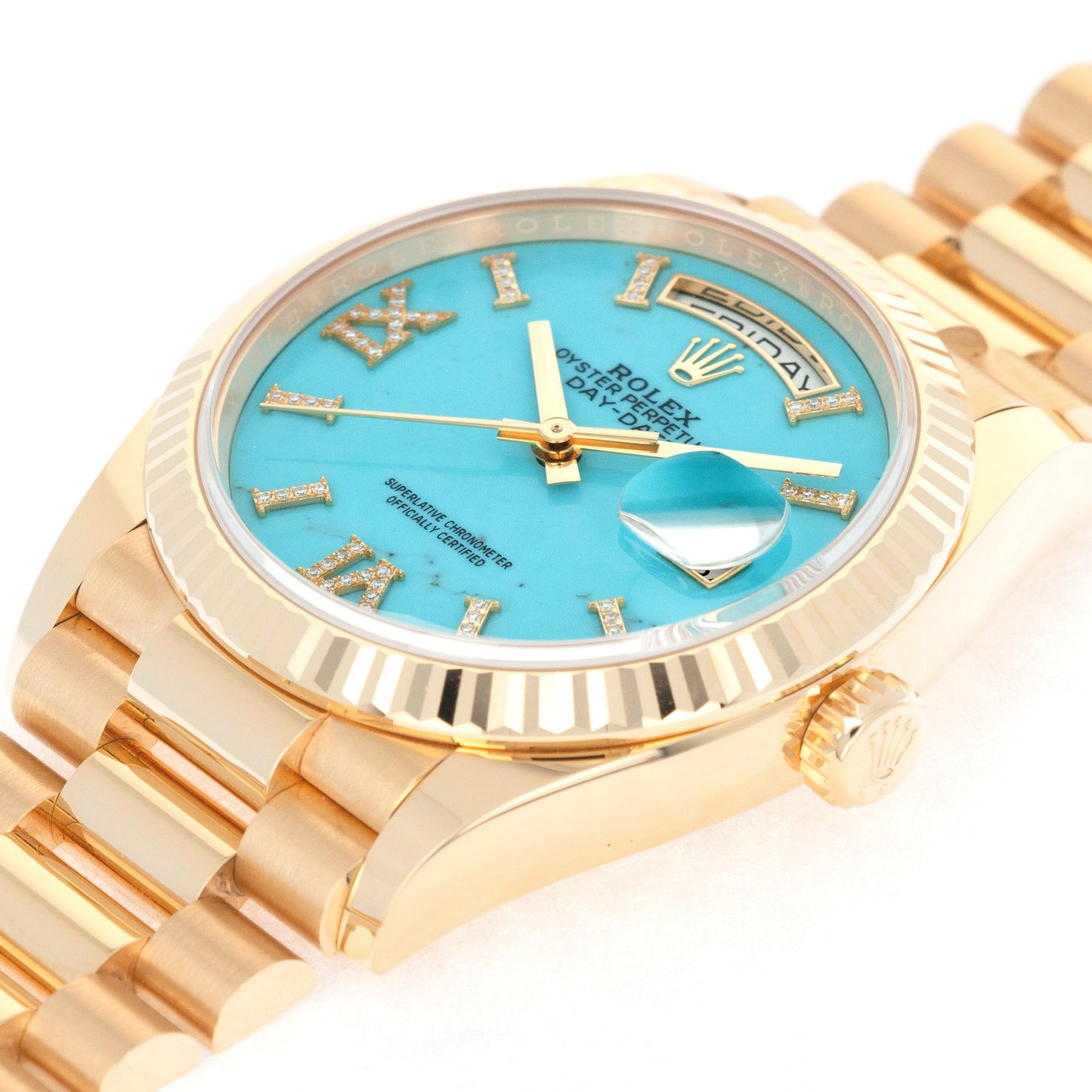 Rolex Yellow Gold Day-Date Turquoise Diamond Watch Ref. 128238