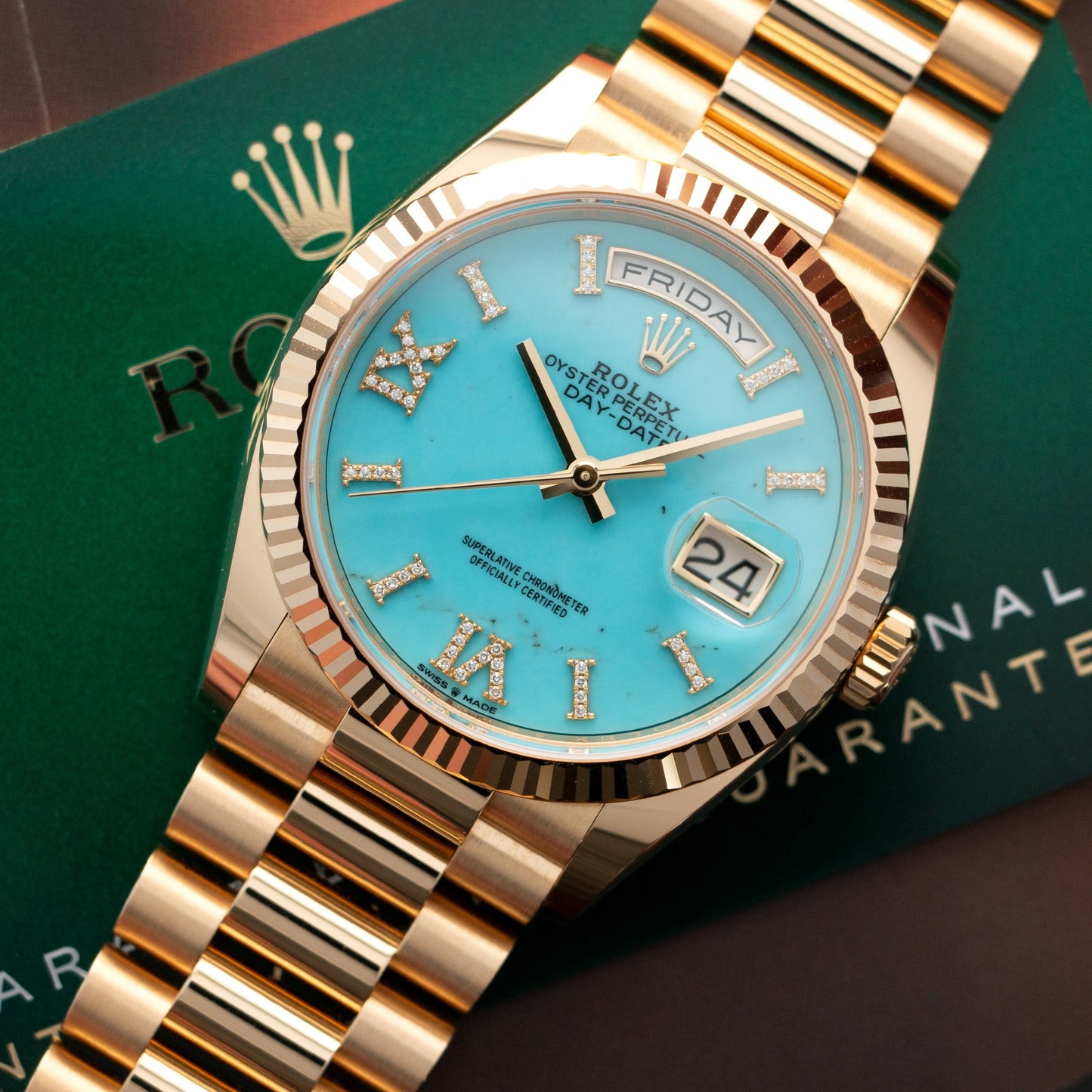 Rolex Yellow Gold Day-Date Turquoise Diamond Watch Ref. 128238