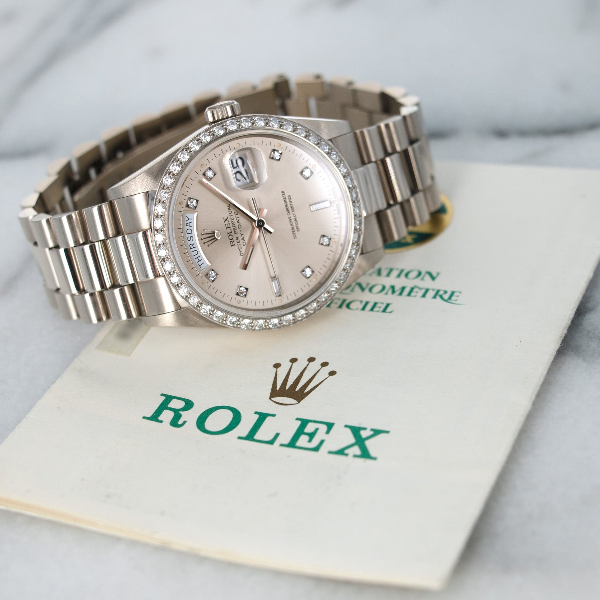 Rolex White Gold Day-Date Diamond Watch Ref. 18049 with Original Paper