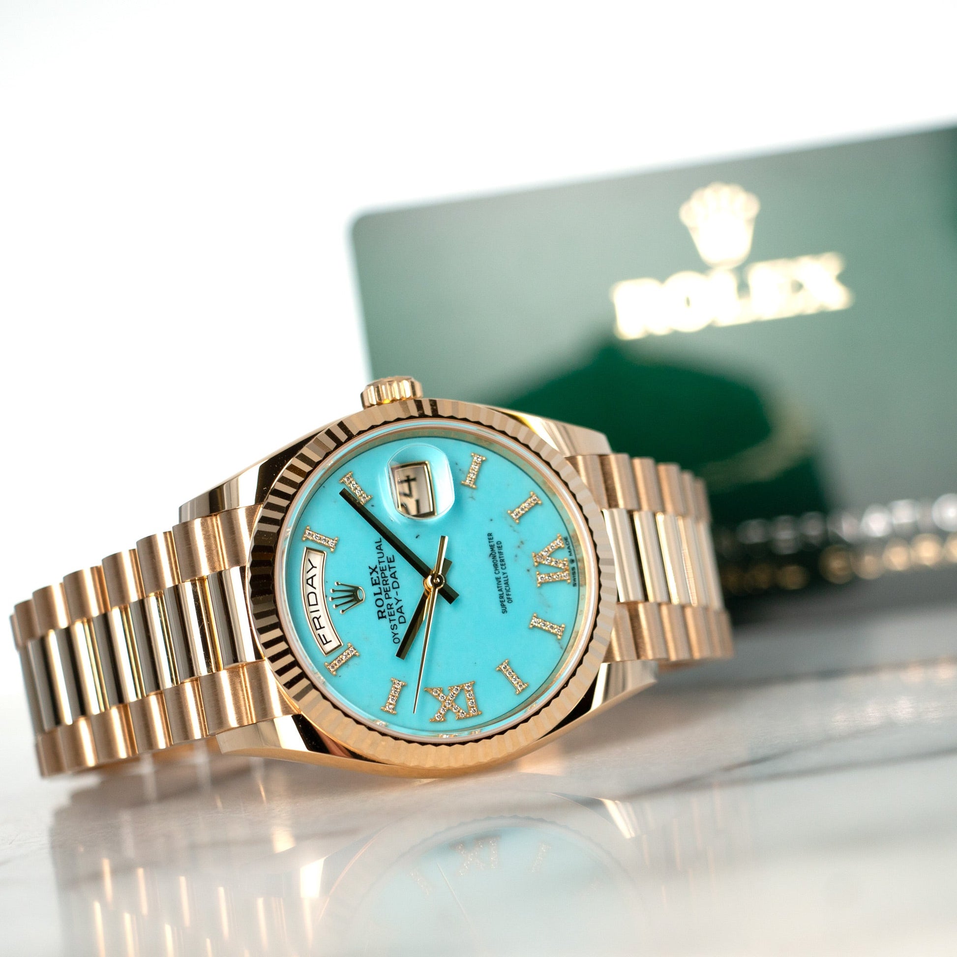 Rolex Yellow Gold Day-Date Turquoise Diamond Watch Ref. 128238