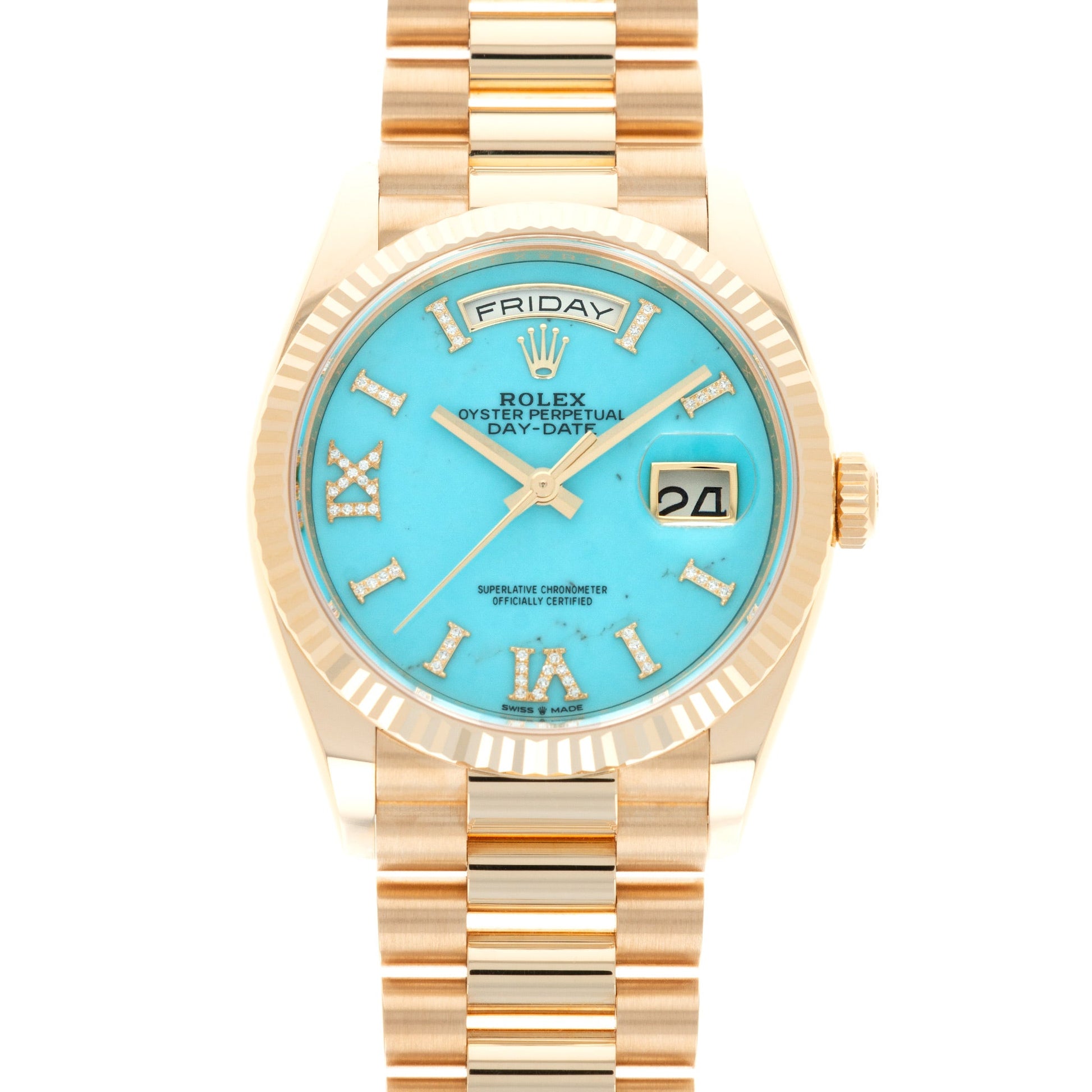 Rolex Yellow Gold Day-Date Turquoise Diamond Watch Ref. 128238