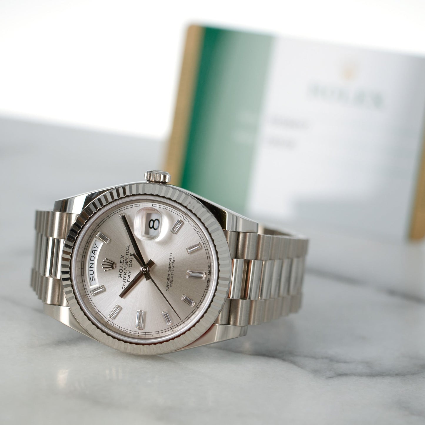 Rolex White Gold Day-Date Ref. 228239 with Factory Baguette Diamond Dial