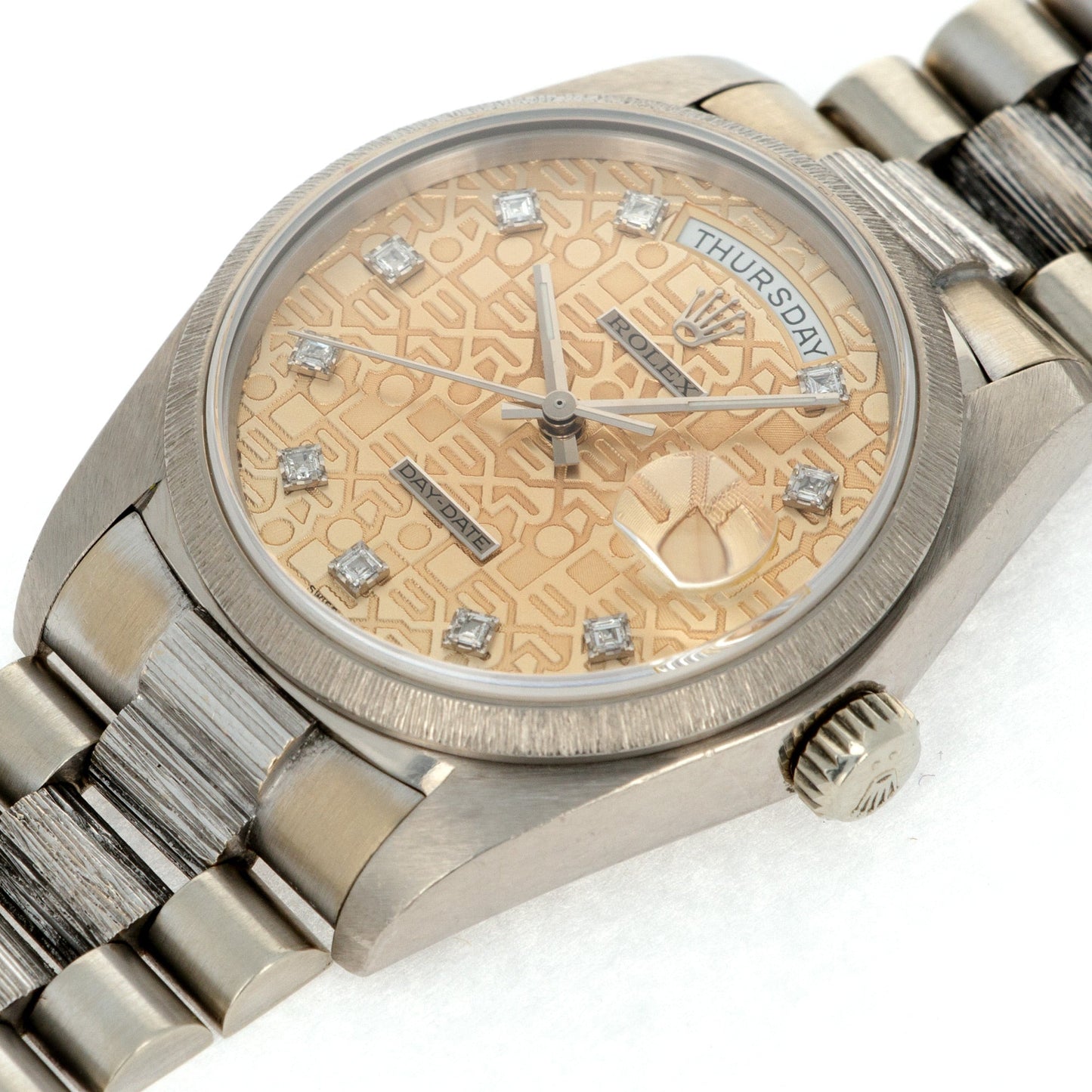 Rolex White Gold Day-Date Bark Watch Ref. 18079 with Salmon Jubilee Dial