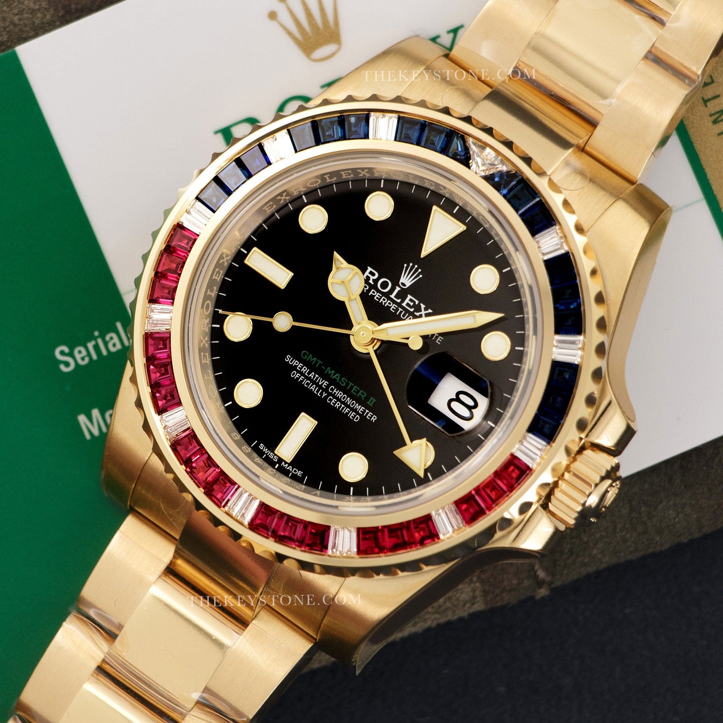 Rolex Yellow Gold GMT-Master II Sapphire Ruby Watch Ref. 116748 in Unworn Condition